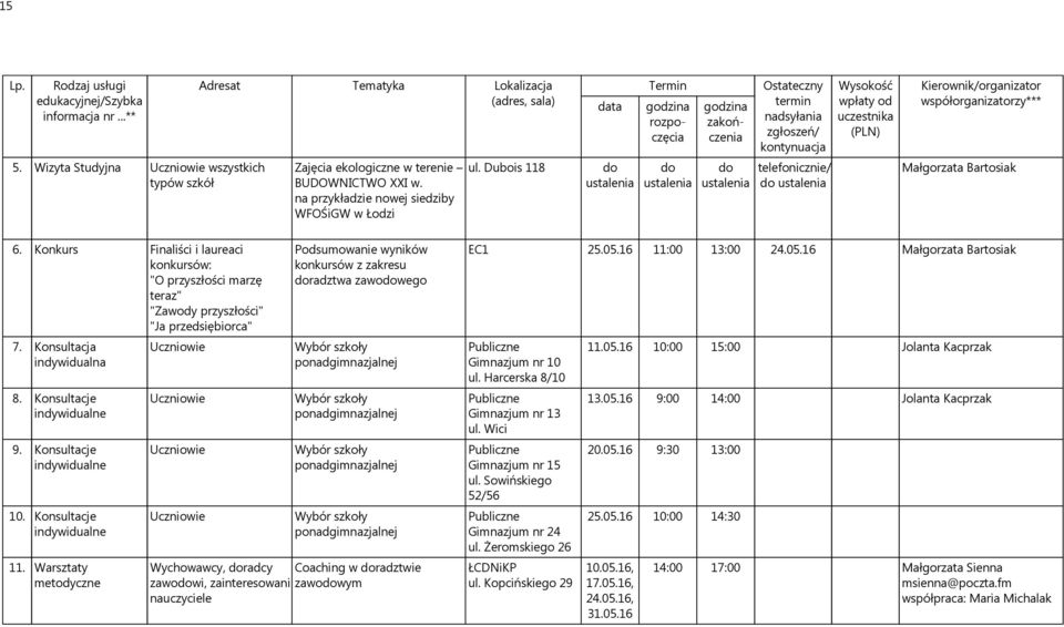 Konsultacje indywidualne 9. Konsultacje indywidualne 10. Konsultacje indywidualne 11.