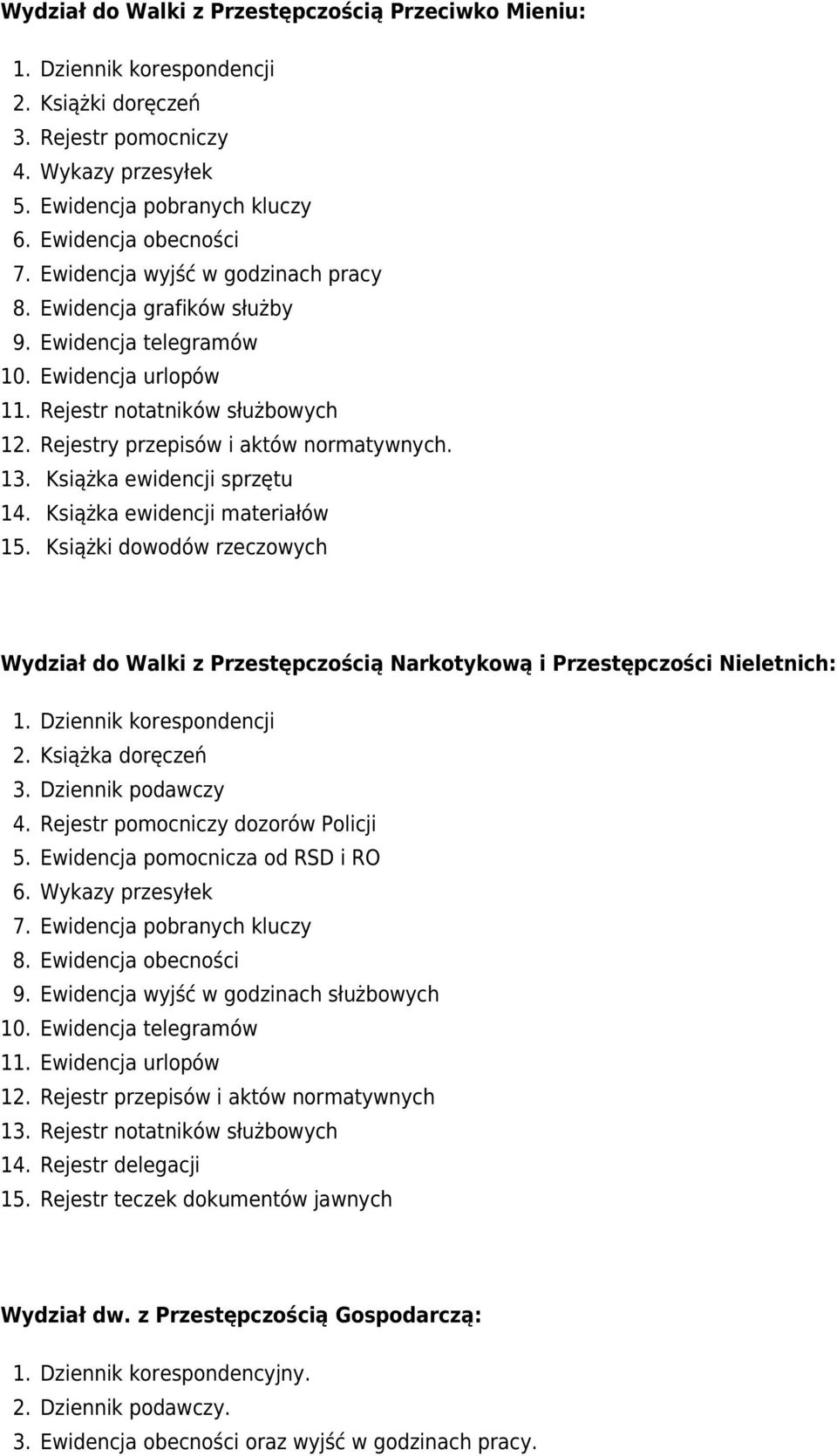 Książka ewidencji sprzętu Książka ewidencji materiałów Książki dowodów rzeczowych Wydział do Walki z Przestępczością Narkotykową i Przestępczości Nieletnich: 1 1 1 1 1 Dziennik korespondencji Książka