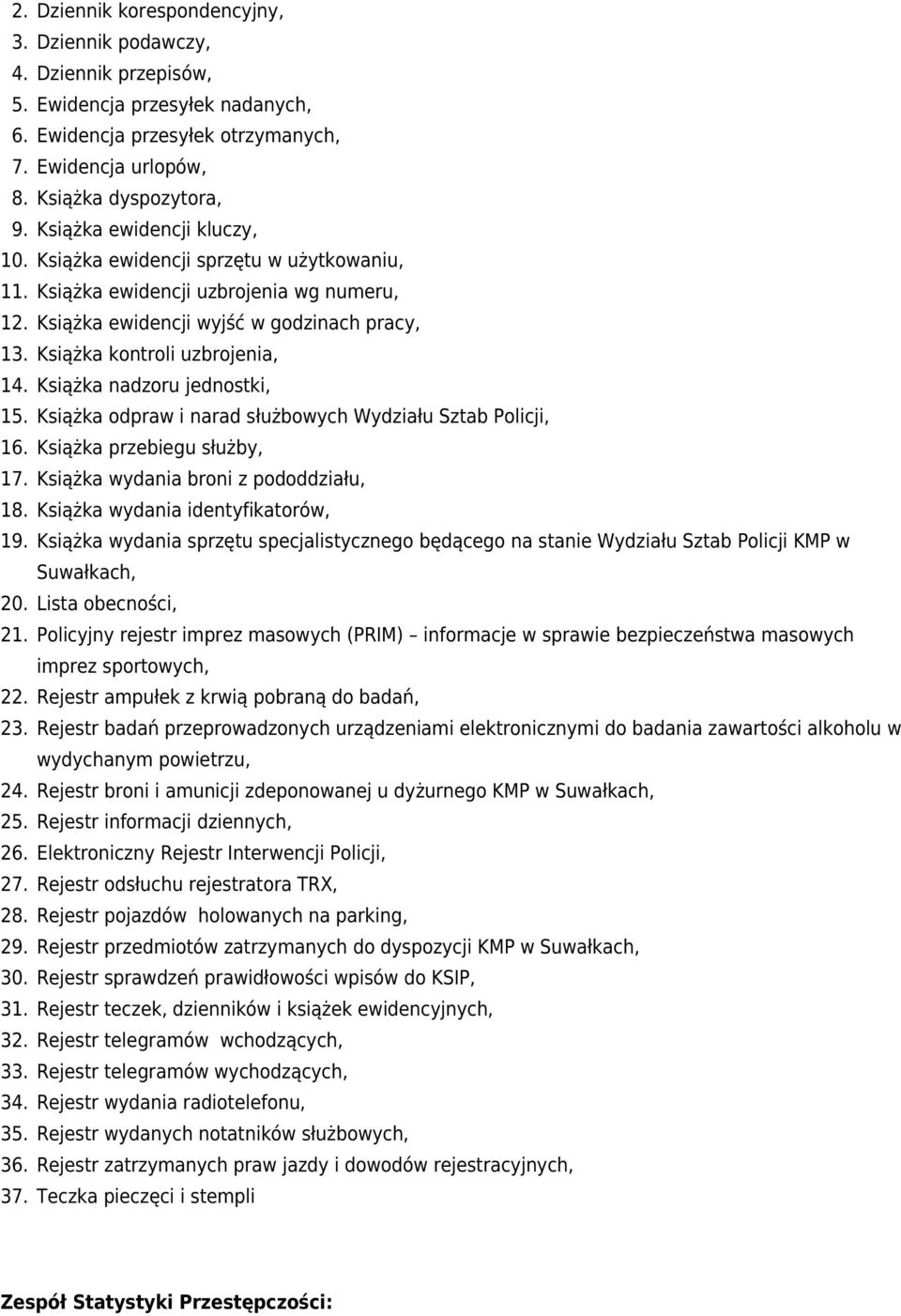 odpraw i narad służbowych Wydziału Sztab Policji, 1 Książka przebiegu służby, 1 Książka wydania broni z pododdziału, 1 Książka wydania identyfikatorów, 1 Książka wydania sprzętu specjalistycznego