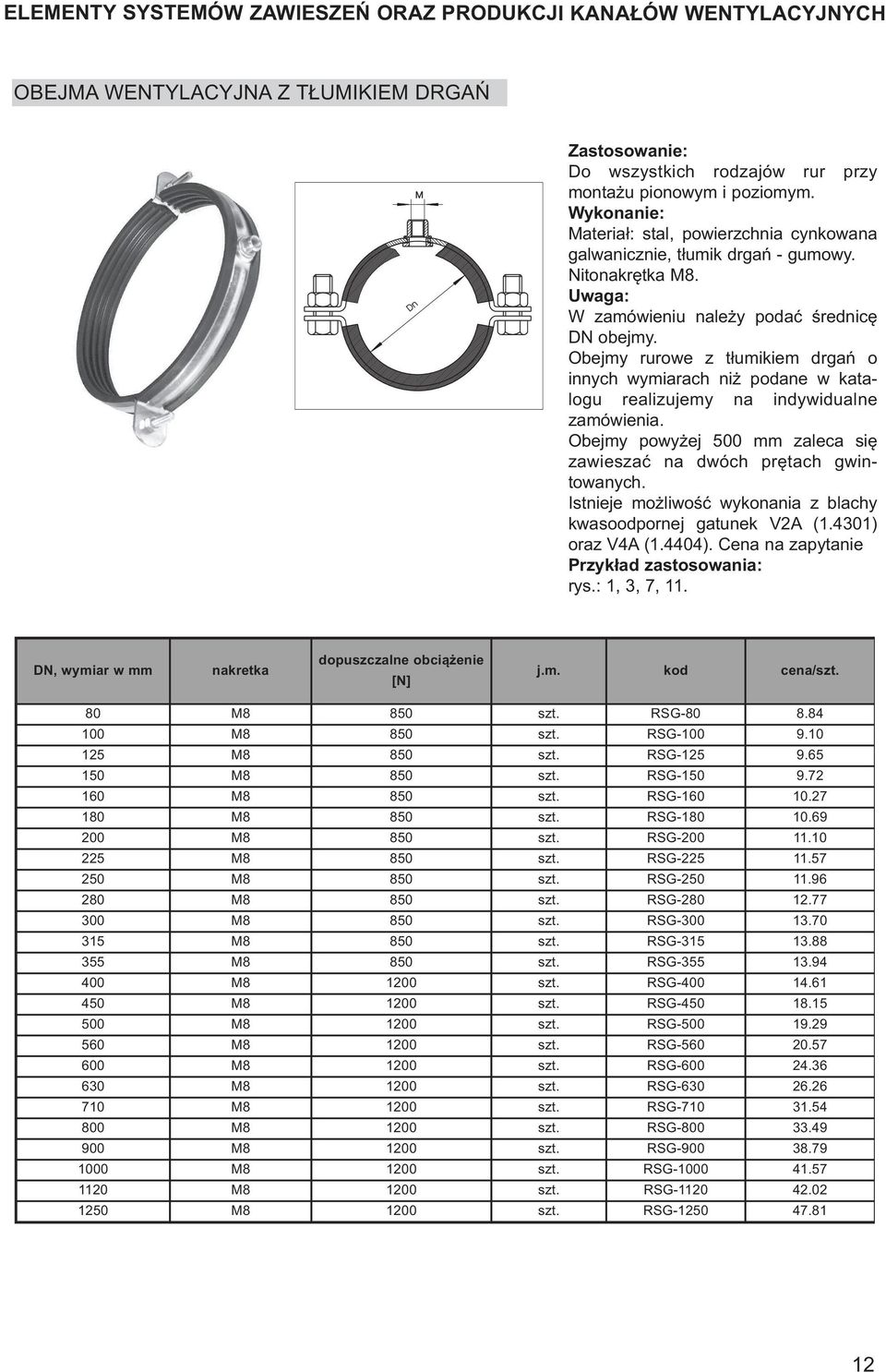 Obejmy powyżej 500 mm zaleca się zawieszać na dwóch prętach gwintowanych. Istnieje możliwość wykonania z blachy kwasoodpornej gatunek V2A (1.4301) oraz V4A (1.4404).