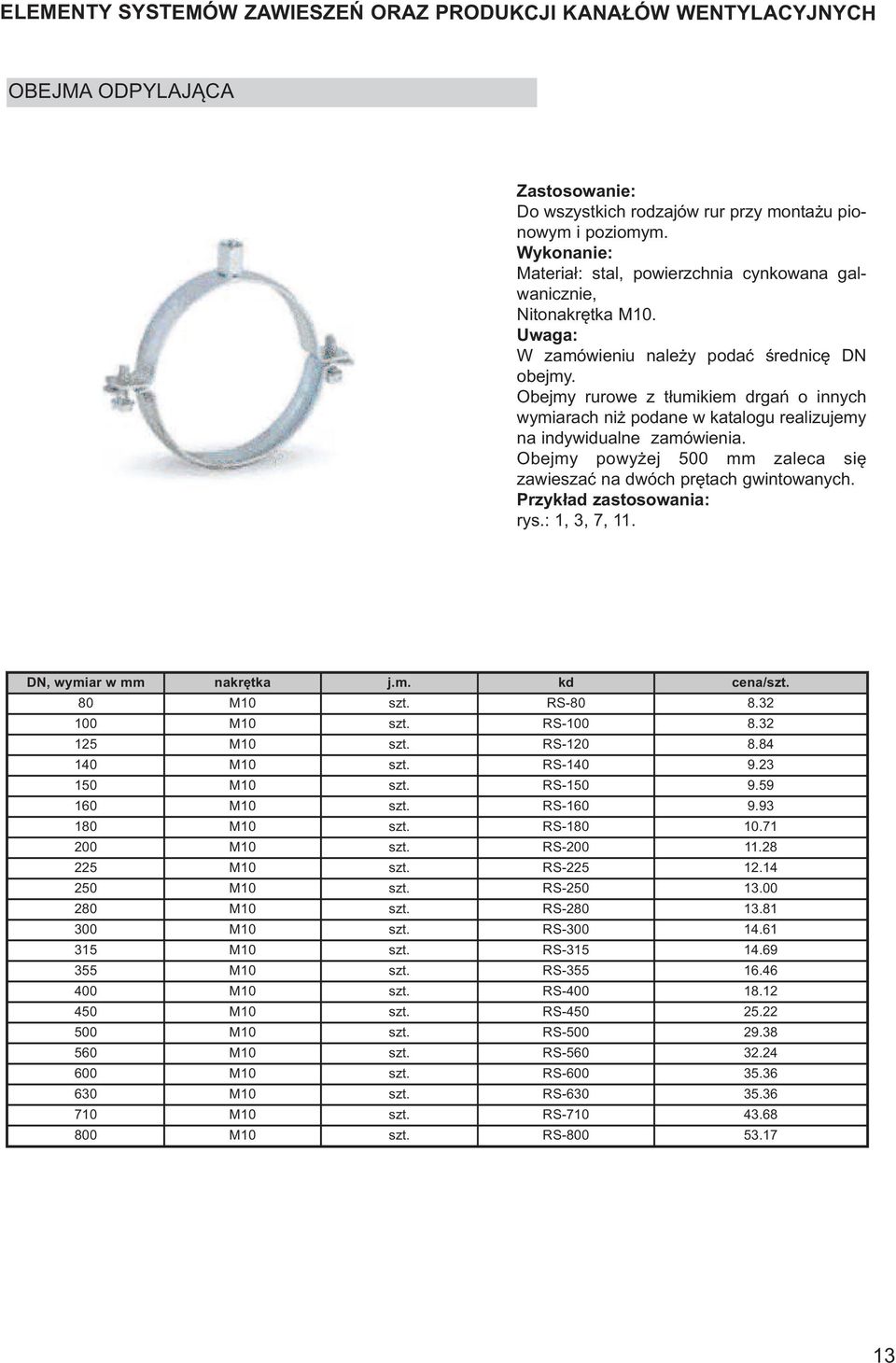 Przykład zastosowania: rys.: 1, 3, 7, 11. DN, wymiar w mm nakrętka j.m. kd cena/szt. 80 M10 szt. RS-80 8.32 100 M10 szt. RS-100 8.32 125 M10 szt. RS-120 8.84 140 M10 szt. RS-140 9.23 150 M10 szt.