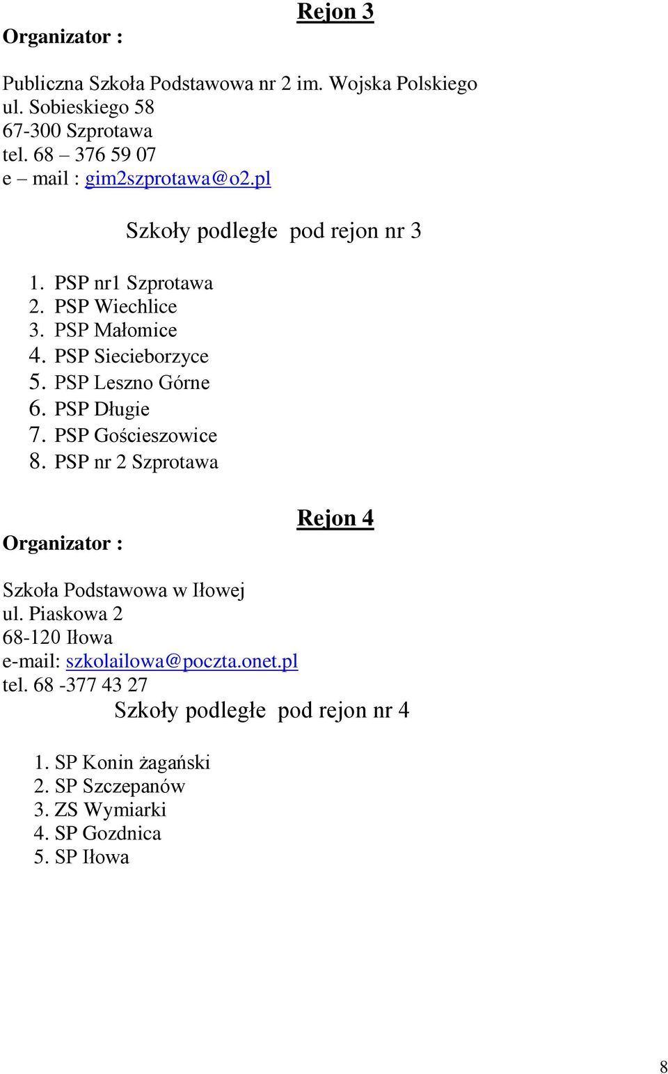 PSP Długie 7. PSP Gościeszowice 8. PSP nr 2 Szprotawa Szkoły podległe pod rejon nr 3 Organizator : Rejon 4 Szkoła Podstawowa w Iłowej ul.