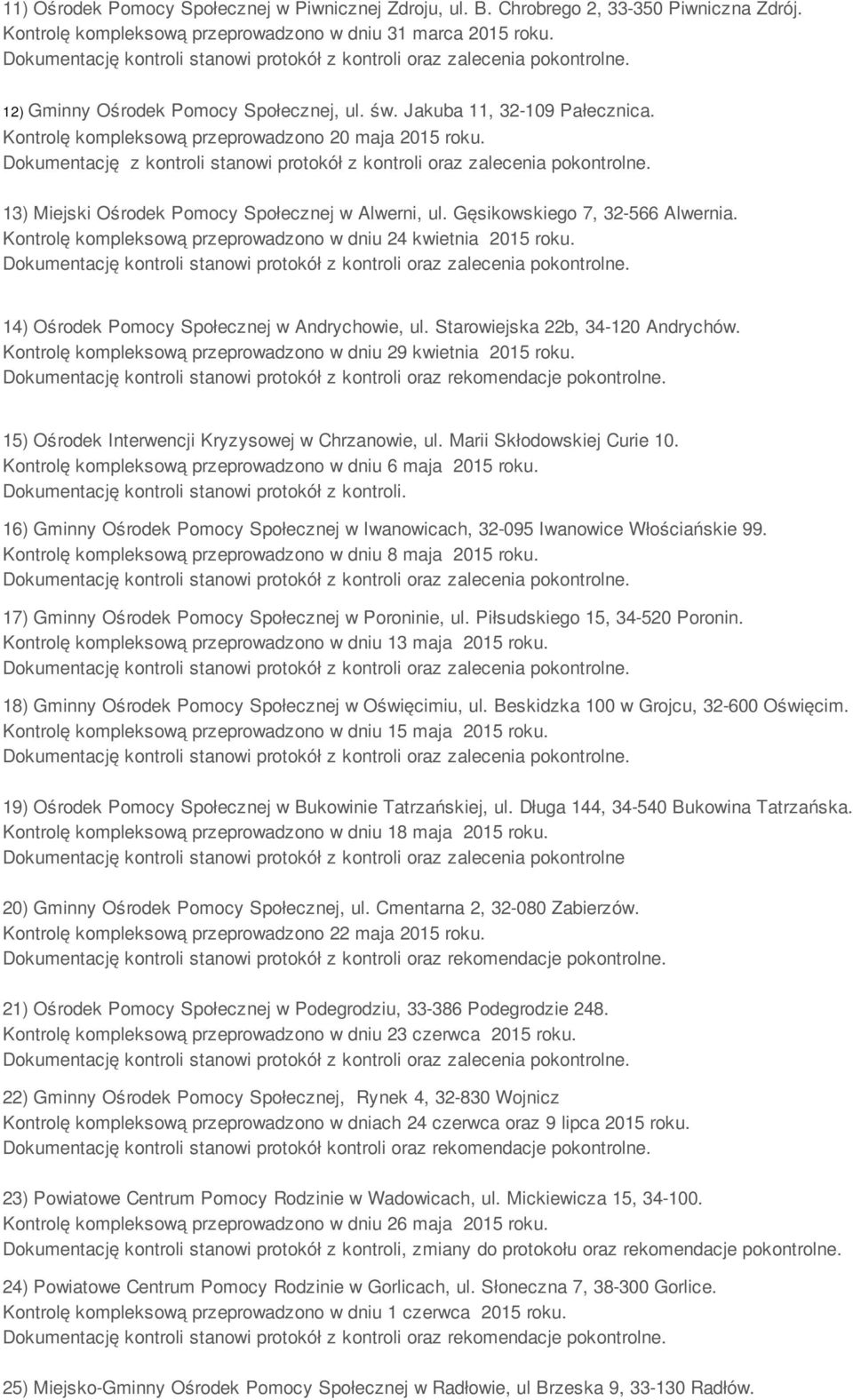 13) Miejski Ośrodek Pomocy Społecznej w Alwerni, ul. Gęsikowskiego 7, 32-566 Alwernia. Kontrolę kompleksową przeprowadzono w dniu 24 kwietnia 2015 roku.