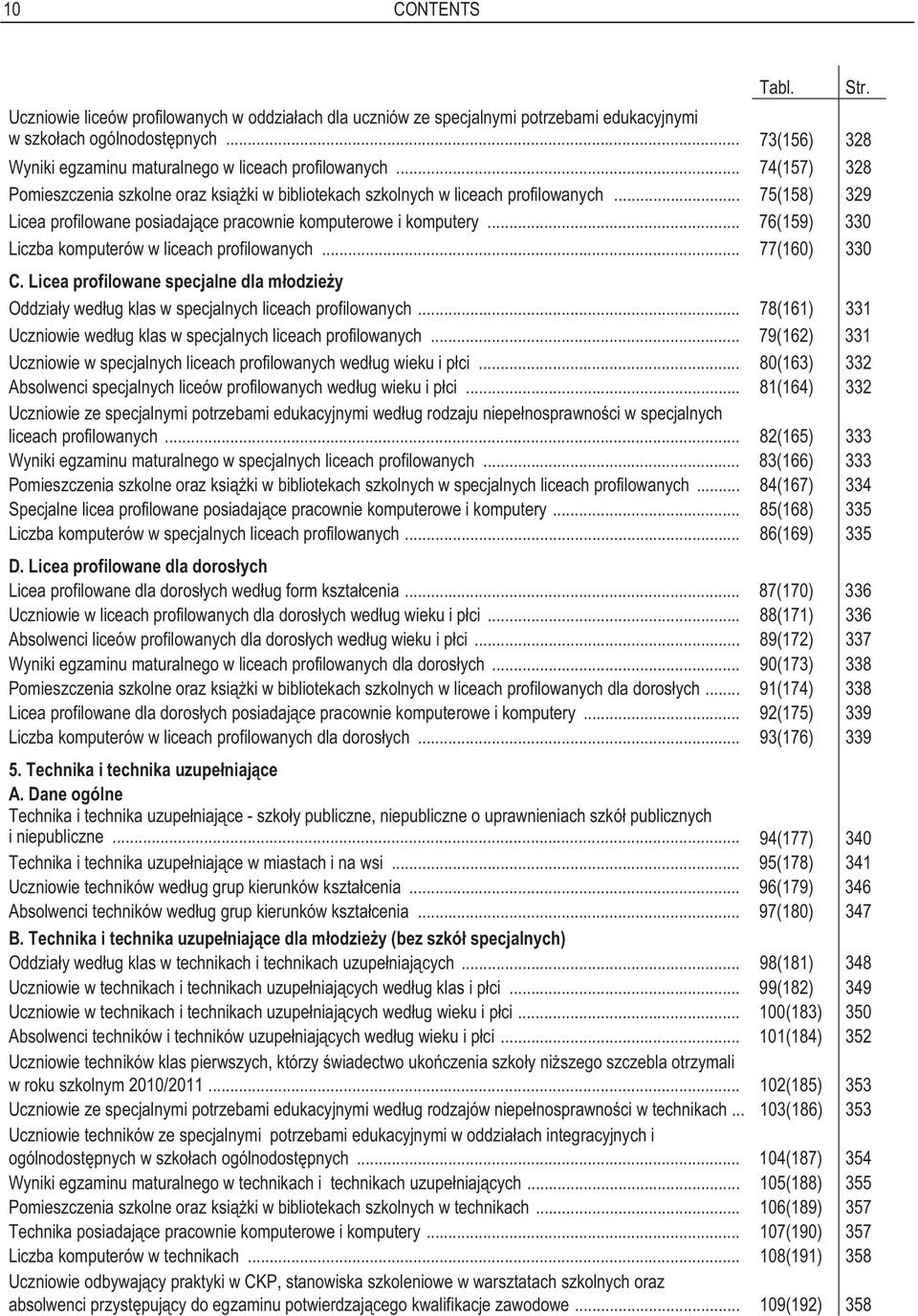 .. 76(159) 330 Liczba komputerów w liceach profilowanych... 77(160) 330 C. Licea profilowane specjalne dla m odzie y Oddzia y wed ug klas w specjalnych liceach profilowanych.