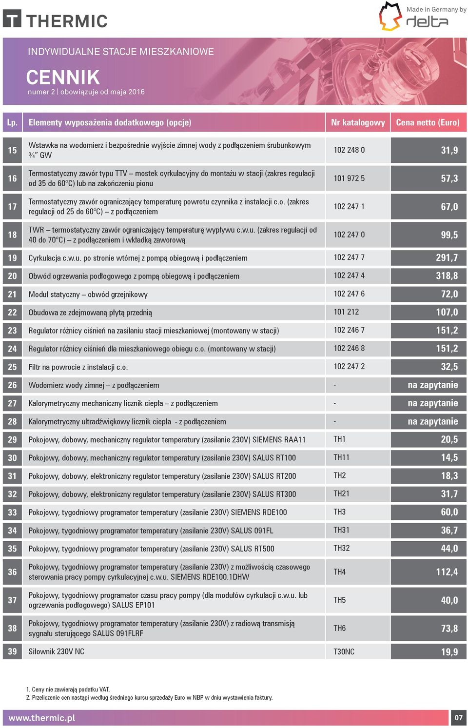 powrotu czynnika z instalacji c.o. (zakres regulacji od 25 do 60 C) z podłączeniem 102 247 1 67,0 18 TWR termostatyczny zawór ograniczający temperaturę wypływu c.w.u. (zakres regulacji od 40 do 70 C) z podłączeniem i wkładką zaworową 102 247 0 99,5 19 Cyrkulacja c.