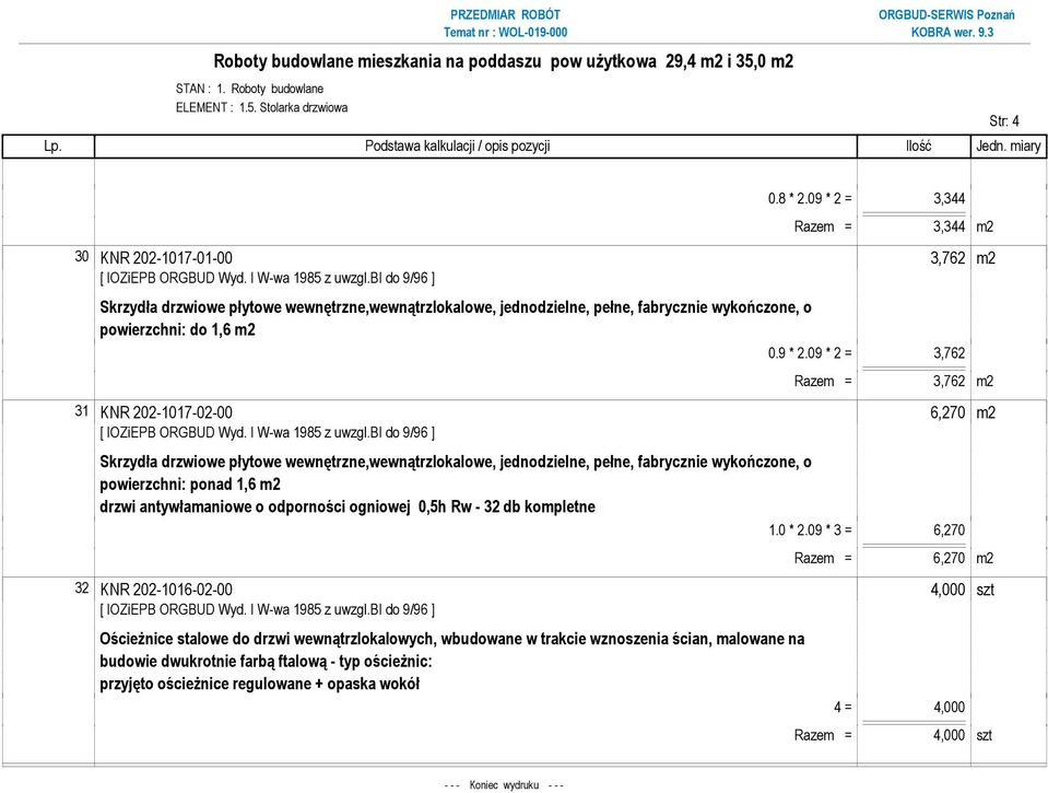 = 3,344 Razem = 3,344 m2 30 KNR 202-1017-01-00 3,762 m2 Skrzydła drzwiowe płytowe wewnętrzne,wewnątrzlokalowe, jednodzielne, pełne, fabrycznie wykończone, o powierzchni: do 1,6 m2 0.9 * 2.