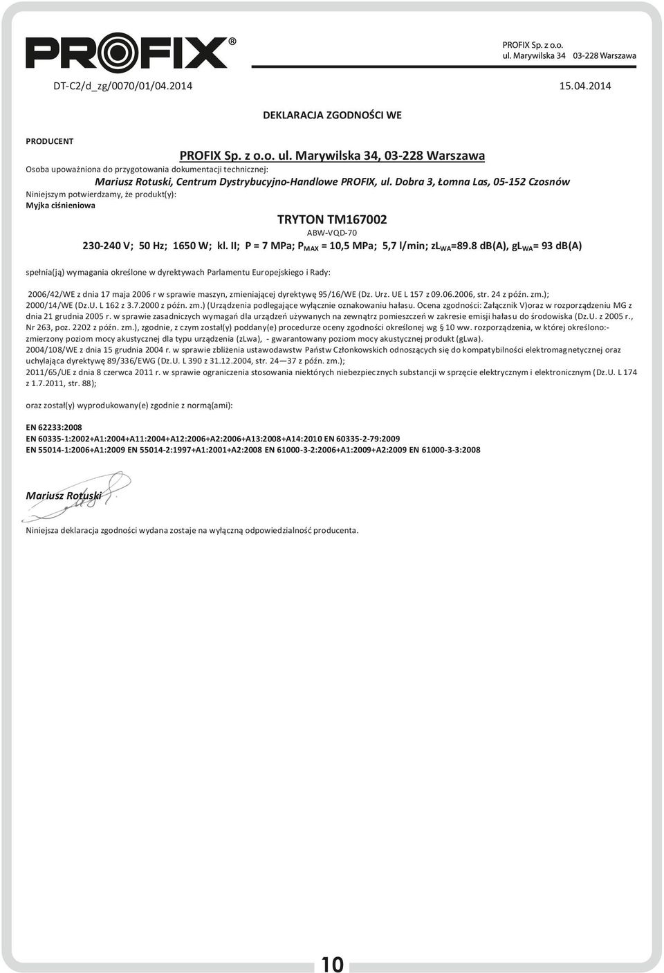 Dobra 3, Łomna Las, 05-152 Czosnów Niniejszym potwierdzamy, że produkt(y): Myjka ciśnieniowa TRYTON TM167002 ABW-VQD-70 230-240 V; 50 Hz; 1650 W; kl.