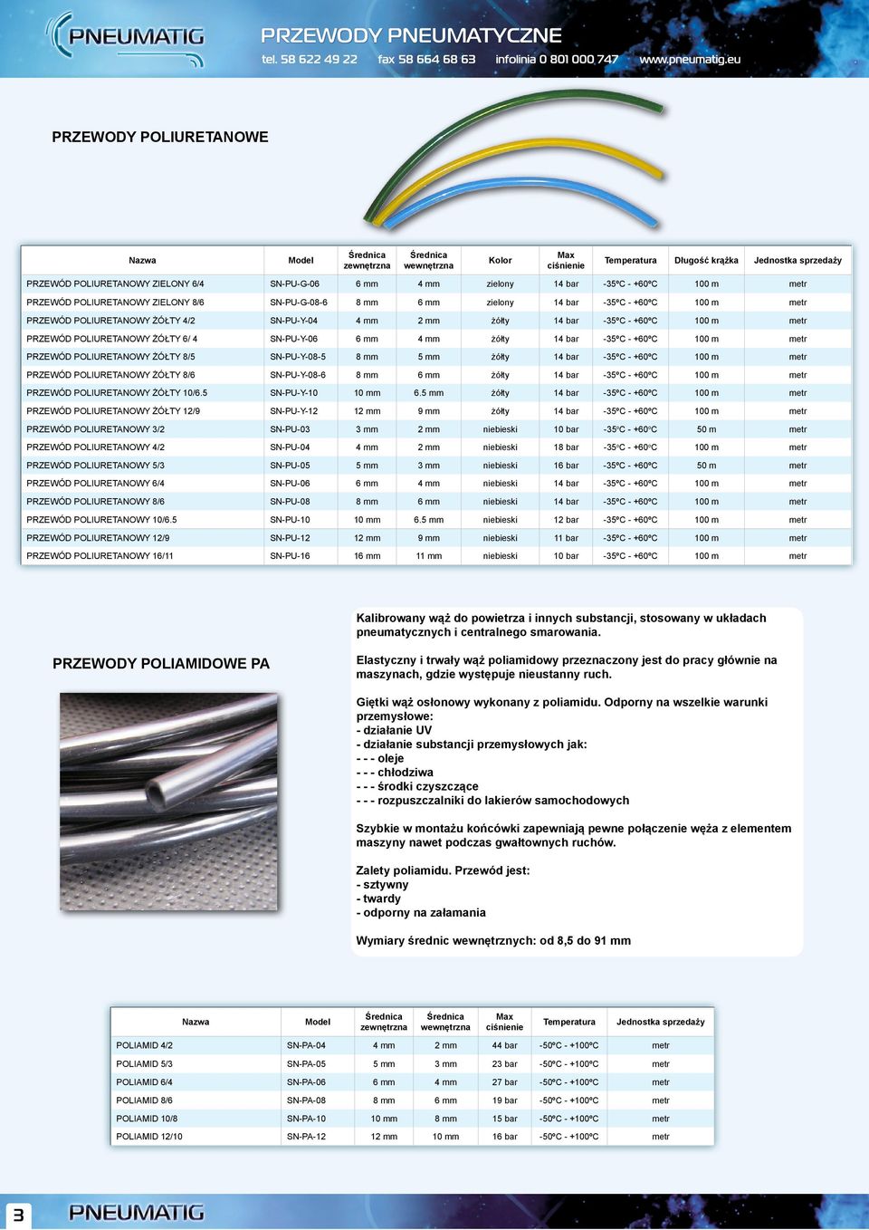 100 m metr PRZEWÓD POLIURETANOWY ŻÓŁTY 8/5 SN-PU-Y-08-5 8 mm 5 mm żółty 14 bar -35ºC - +60ºC 100 m metr PRZEWÓD POLIURETANOWY ŻÓŁTY 8/6 SN-PU-Y-08-6 8 mm 6 mm żółty 14 bar -35ºC - +60ºC 100 m metr