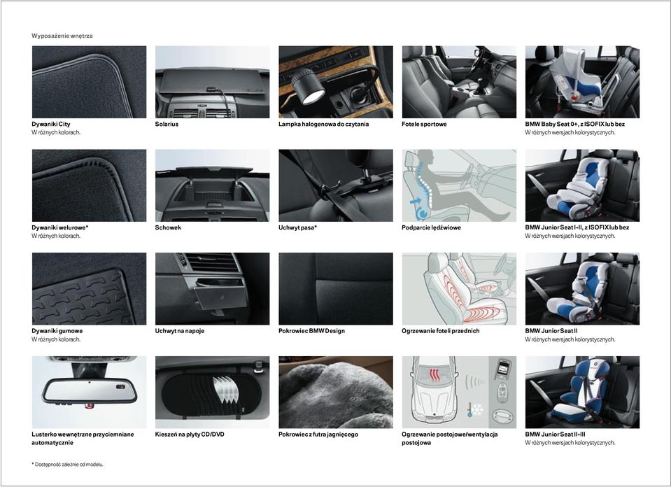 Schowek Uchwyt pasa* Podparcie lędźwiowe BMW Junior Seat I-II, z ISOFIX lub bez W różnych wersjach kolorystycznych. Dywaniki gumowe W różnych kolorach.