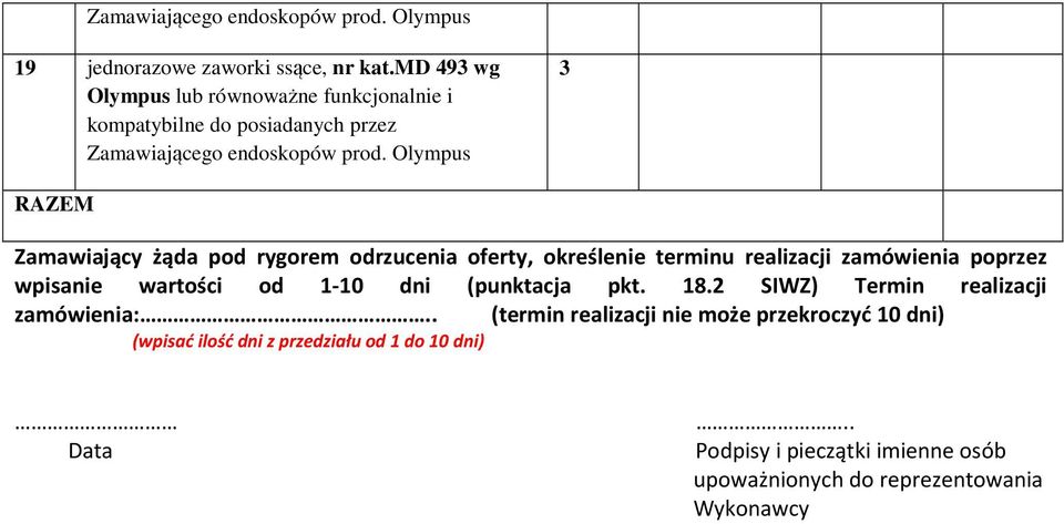 Olympus 3 RAZEM Zamawiający żąda pod rygorem odrzucenia oferty, określenie terminu realizacji zamówienia poprzez wpisanie wartości od 1-10 dni