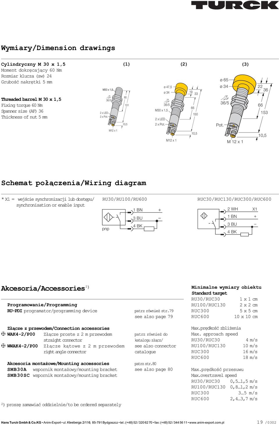 M 12 x 1 22 36 66 153 10,5 Schemat po³¹czenia/wiring diagram * X1 = wejœcie synchronizacji lub dostêpu/ synchronisation or enable input RU30/RU100/RU600 1 BN 3 BU 4 BK pnp +