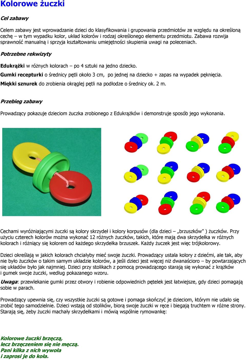 Potrzebne rekwizyty Edukrążki w różnych kolorach po 4 sztuki na jedno dziecko. Gumki recepturki o średnicy pętli około 3 cm, po jednej na dziecko + zapas na wypadek pęknięcia.
