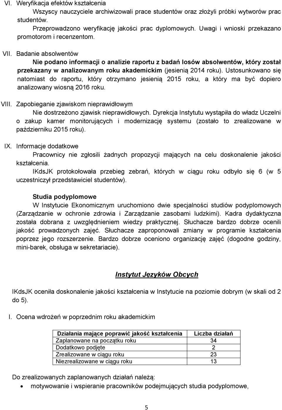 Badanie absolwentów Nie podano informacji o analizie raportu z badań losów absolwentów, który został przekazany w analizowanym roku akademickim (jesienią 2014 roku).