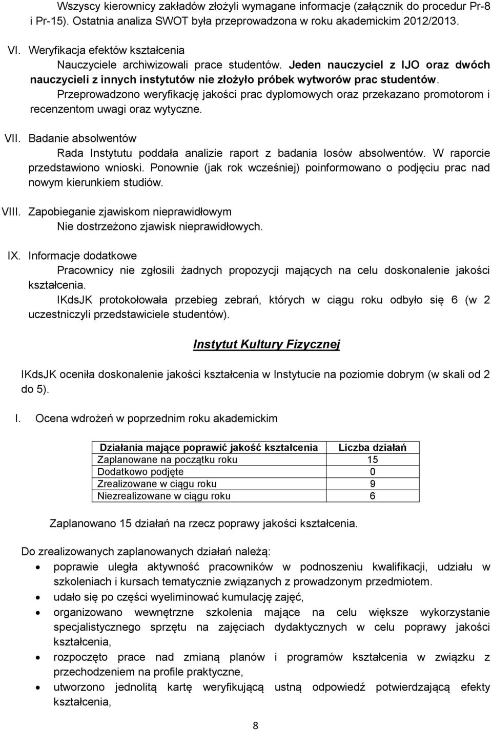 Przeprowadzono weryfikację jakości prac dyplomowych oraz przekazano promotorom i recenzentom uwagi oraz wytyczne. VII.