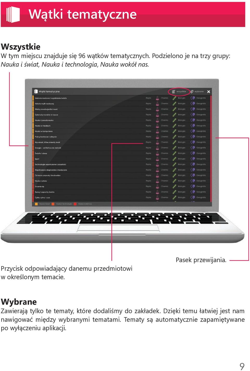 Przycisk odpowiadający danemu przedmiotowi w określonym temacie. Pasek przewijania.
