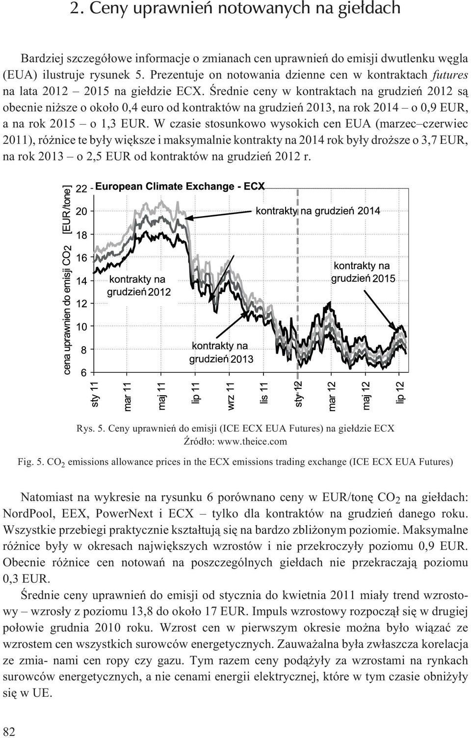 Œrednie ceny w kontraktach na grudzieñ 2012 s¹ obecnie ni sze o oko³o 0,4 euro od kontraktów na grudzieñ 2013, na rok 2014 o0,9eur, anarok2015 o1,3eur.