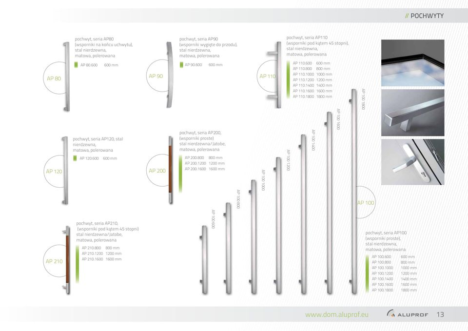 1800 600 mm 800 mm 1000 mm 1200 mm 1400 mm 1600 mm 1800 mm AP 100 1800 AP 120 pochwyt, seria AP120, stal nierdzewna, AP 120.