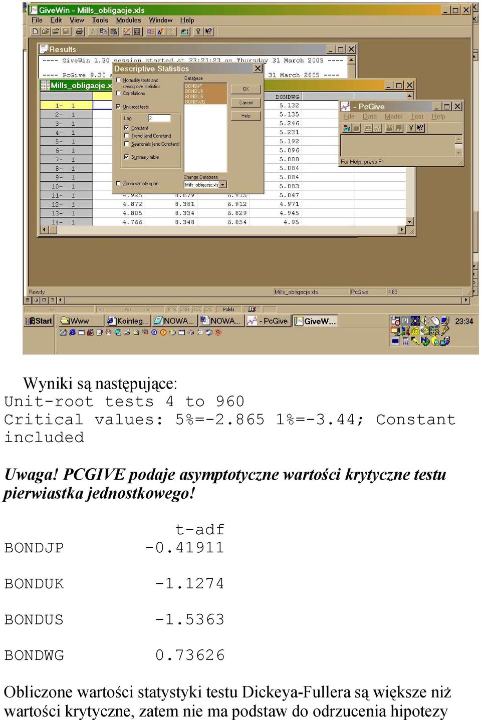 PCGIVE podaje asymptotyczne wartości krytyczne testu pierwiastka jednostkowego! t-adf BONDJP -0.