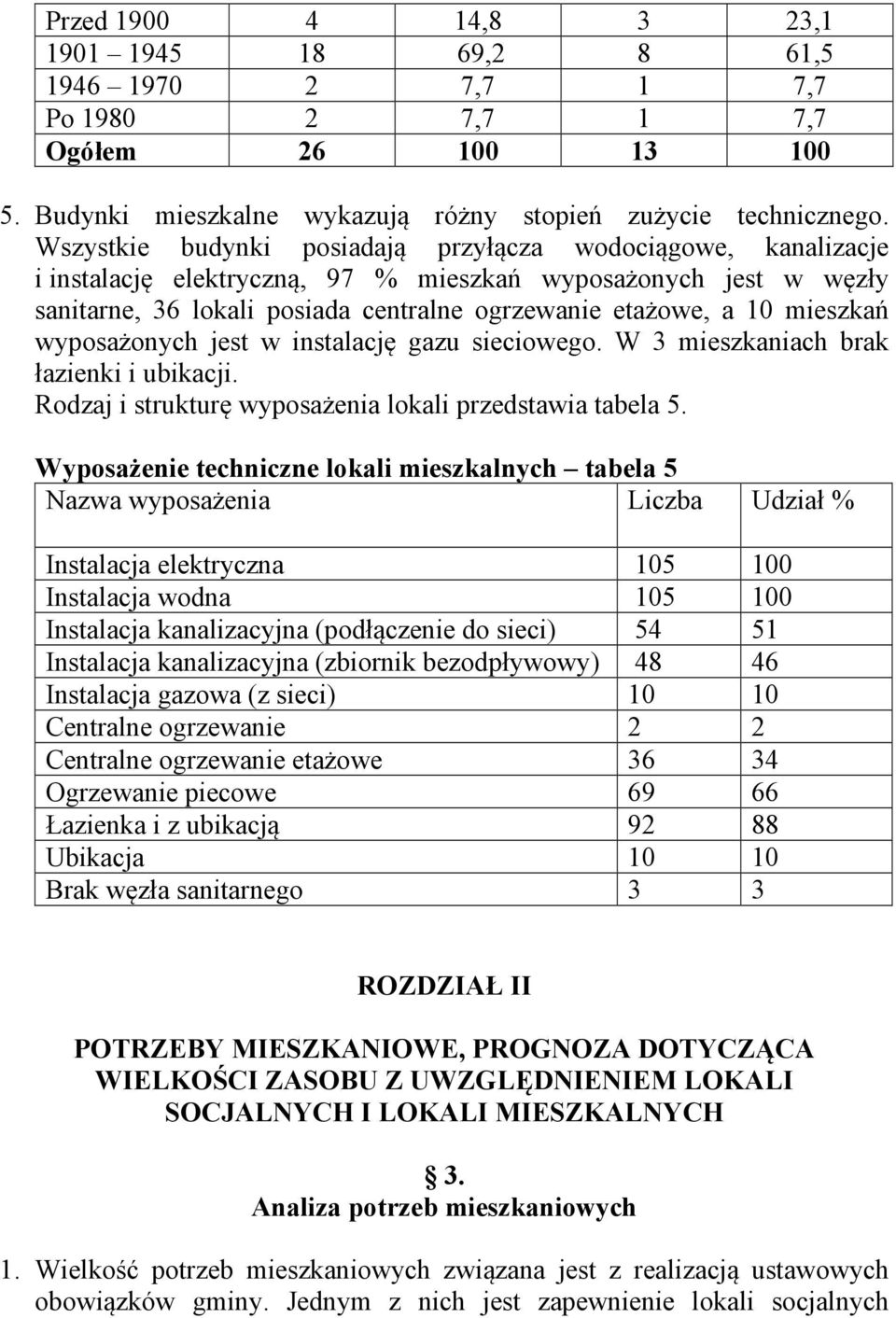 mieszkań wyposażonych jest w instalację gazu sieciowego. W 3 mieszkaniach brak łazienki i ubikacji. Rodzaj i strukturę wyposażenia lokali przedstawia tabela 5.