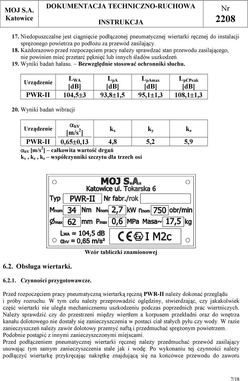 Bezwzględnie stosować ochronniki słuchu. L WA L pa L pamax L pcpeak [db] [db] [db] [db] PWR-II 104,5±3 93,8±1,5 95,1±1,3 108,1±1,3 Urządzenie 20.