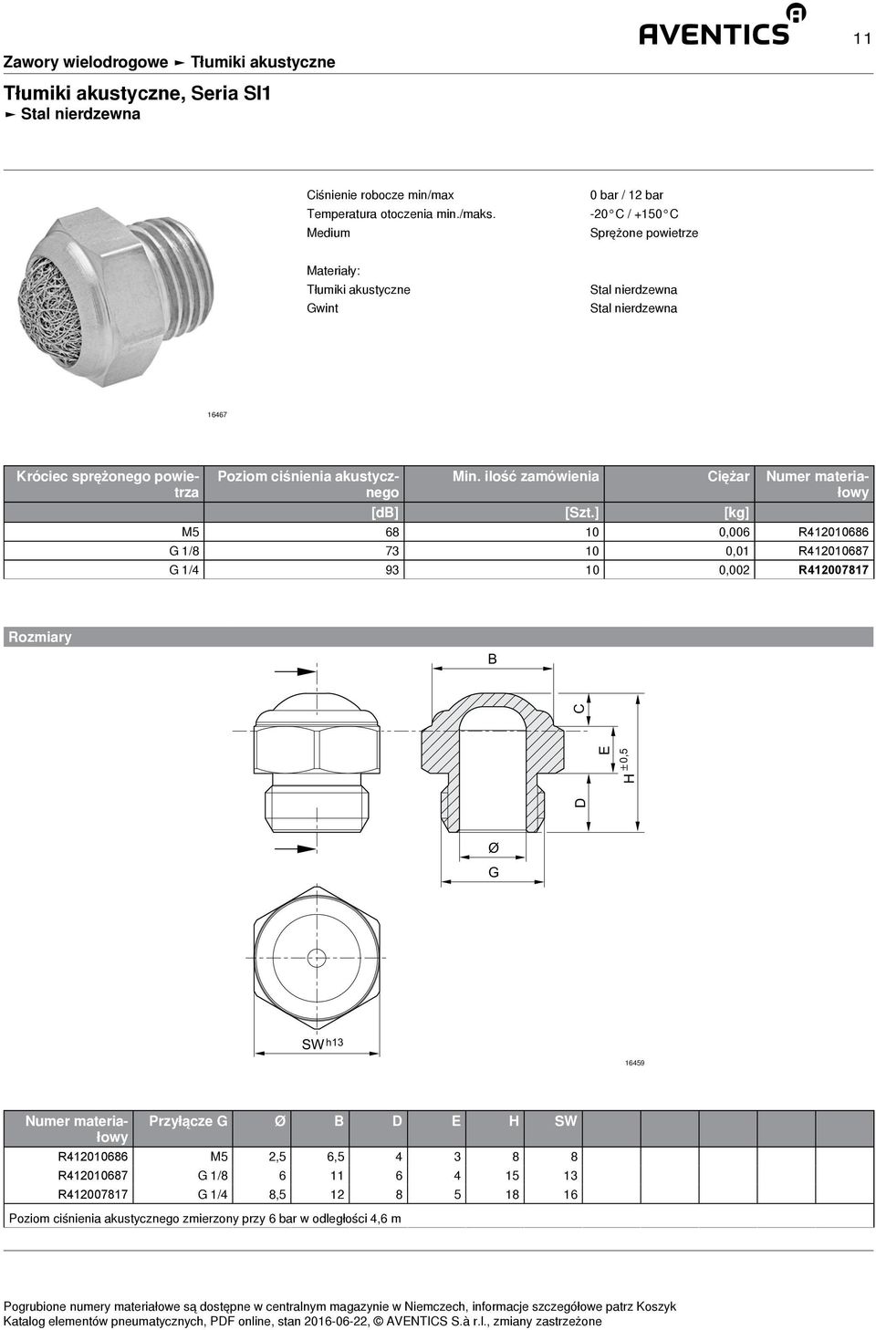 ] [kg] M5 68 10 0,006 R412010686 G 1/8 73 10 0,01 R412010687 G 1/4 93 10 0,002 R412007817 B D C H 0,5 E Ø G SW h13 16459 Przyłącze G