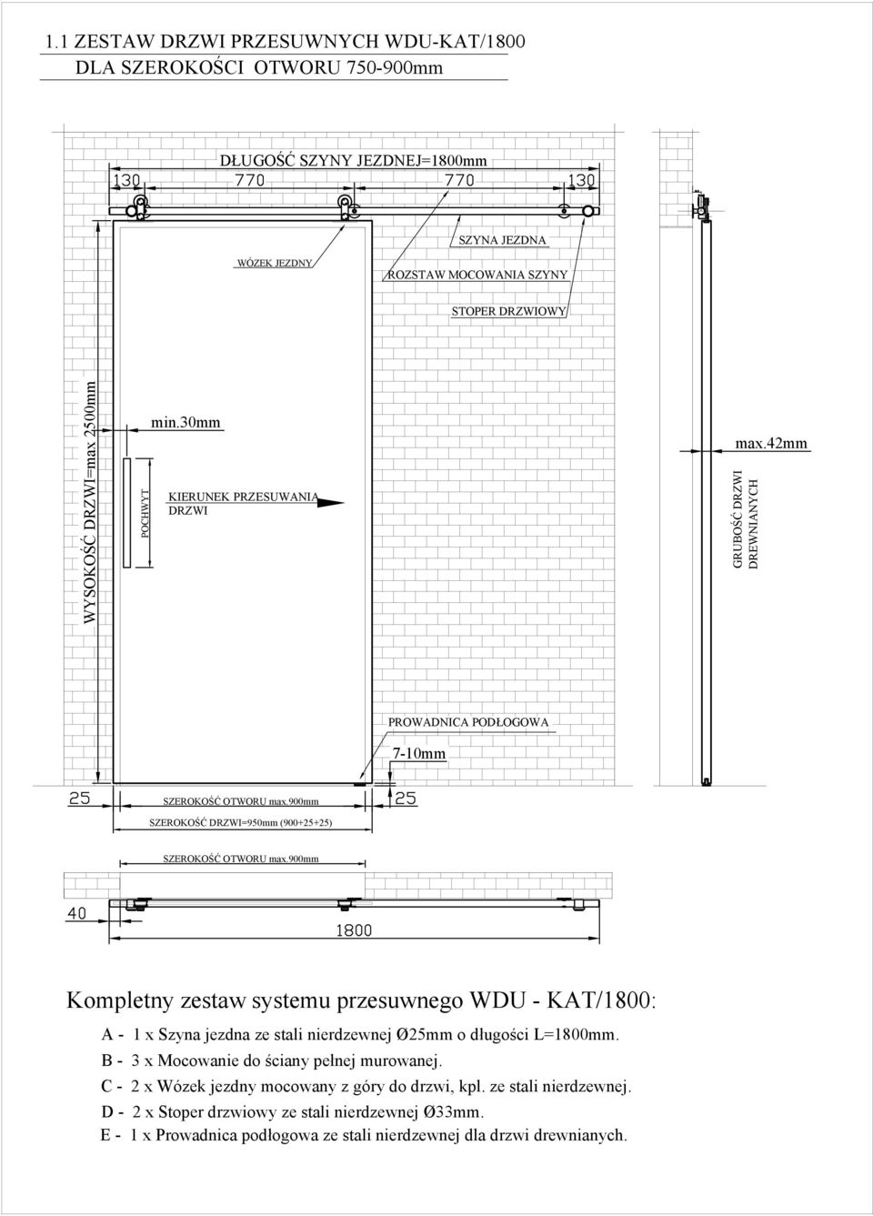 900mm Kompletny zestaw systemu przesuwnego WDU - KAT/1800: A - 1 x Szyna jezdna ze stali nierdzewnej Ø25mm o długości L=1800mm. B - 3 x Mocowanie do ściany pełnej murowanej.