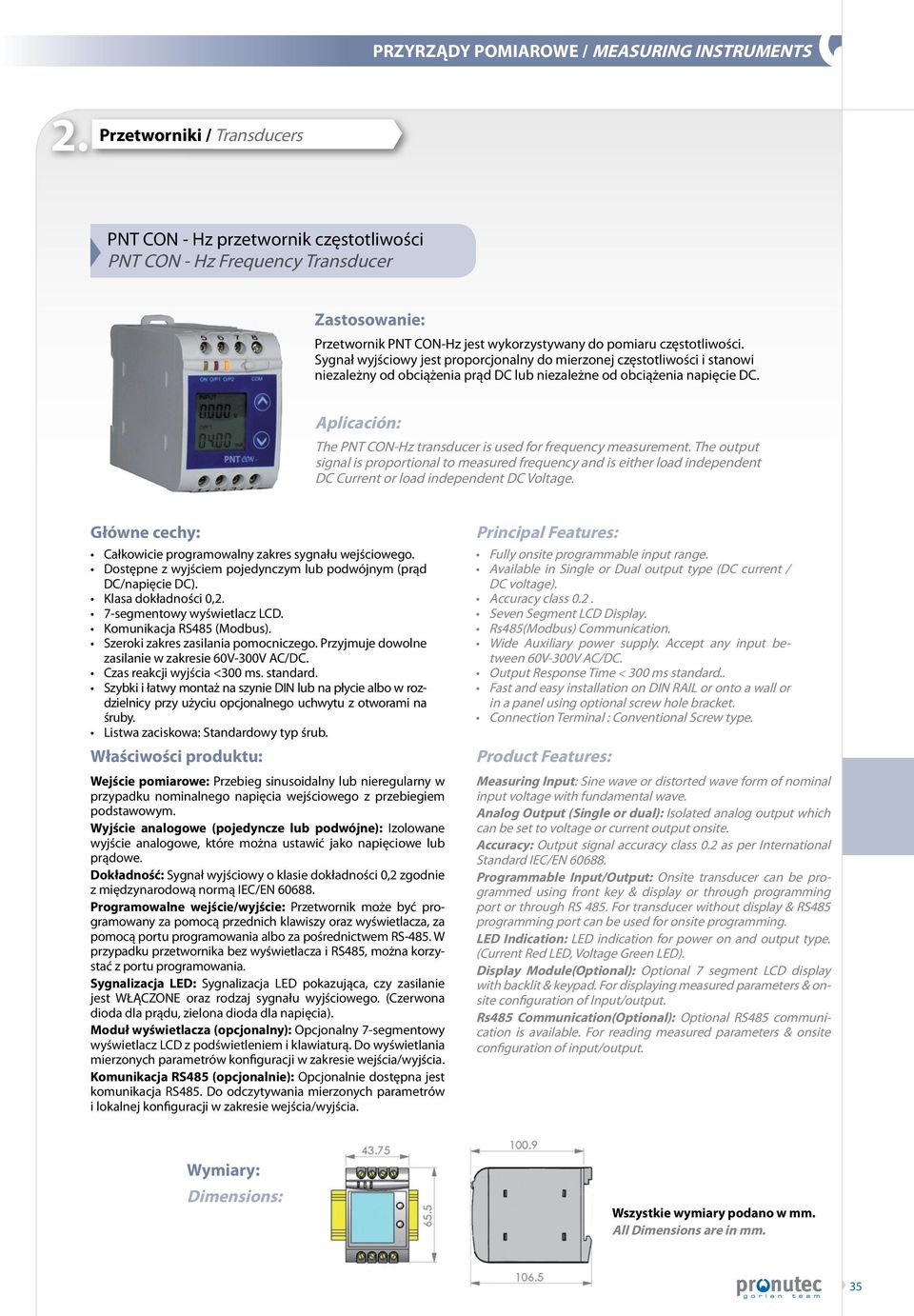 Aplicación: The PNT CON-Hz transducer is used for frequency measurement.