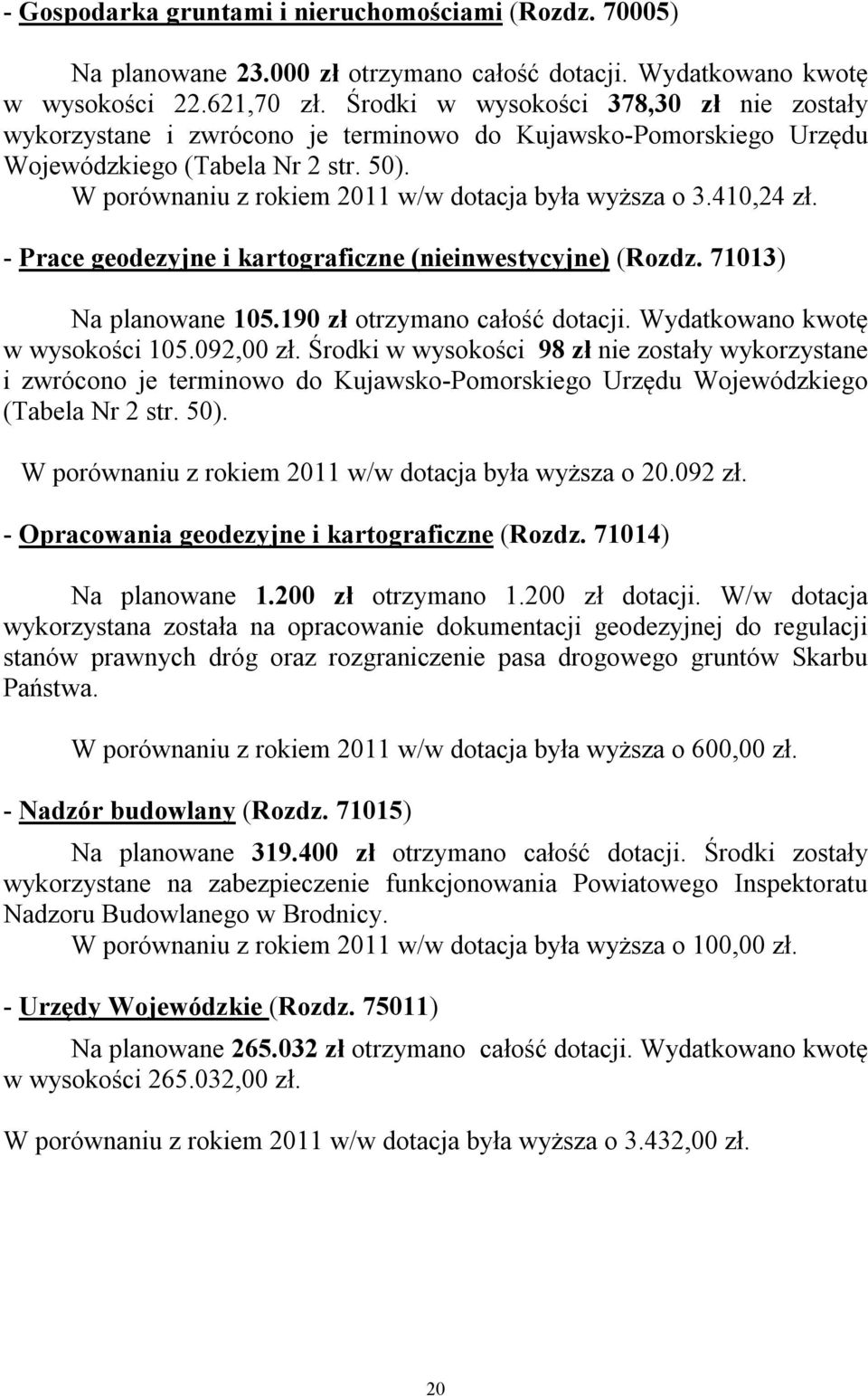 W porównaniu z rokiem 2011 w/w dotacja była wyższa o 3.410,24 zł. - Prace geodezyjne i kartograficzne (nieinwestycyjne) (Rozdz. 71013) Na planowane 105.190 zł otrzymano całość dotacji.