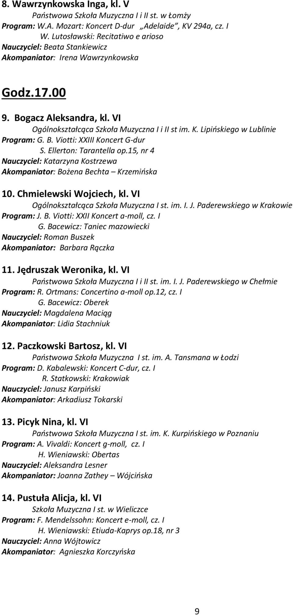 Lipińskiego w Lublinie Program: G. B. Viotti: XXIII Koncert G-dur S. Ellerton: Tarantella op.15, nr 4 Nauczyciel: Katarzyna Kostrzewa Akompaniator: Bożena Bechta Krzemińska 10.