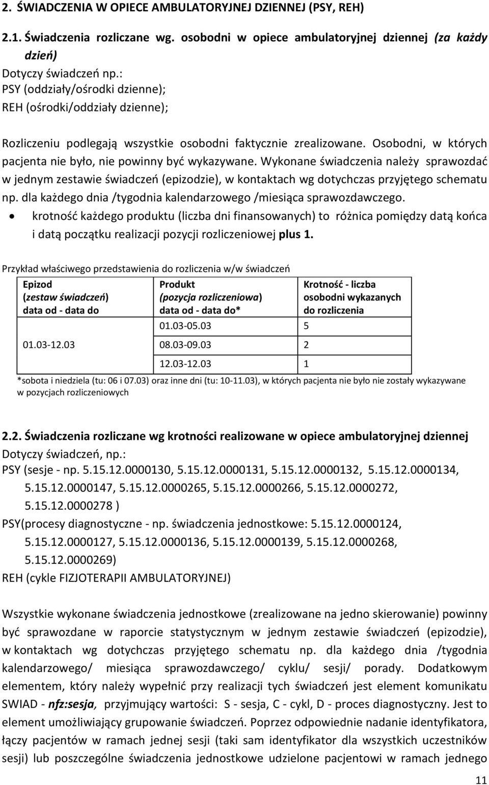 Wykonane świadczenia należy sprawozdać w jednym zestawie (epizodzie), w kontaktach wg dotychczas przyjętego schematu np. dla każdego dnia /tygodnia kalendarzowego /miesiąca sprawozdawczego.