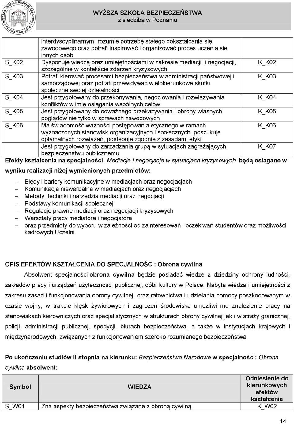 wielokierunkowe skutki społeczne swojej działalności S_K04 Jest przygotowany do przekonywania, negocjowania i rozwiązywania konfliktów w imię osiągania wspólnych celów S_K05 Jest przygotowany do