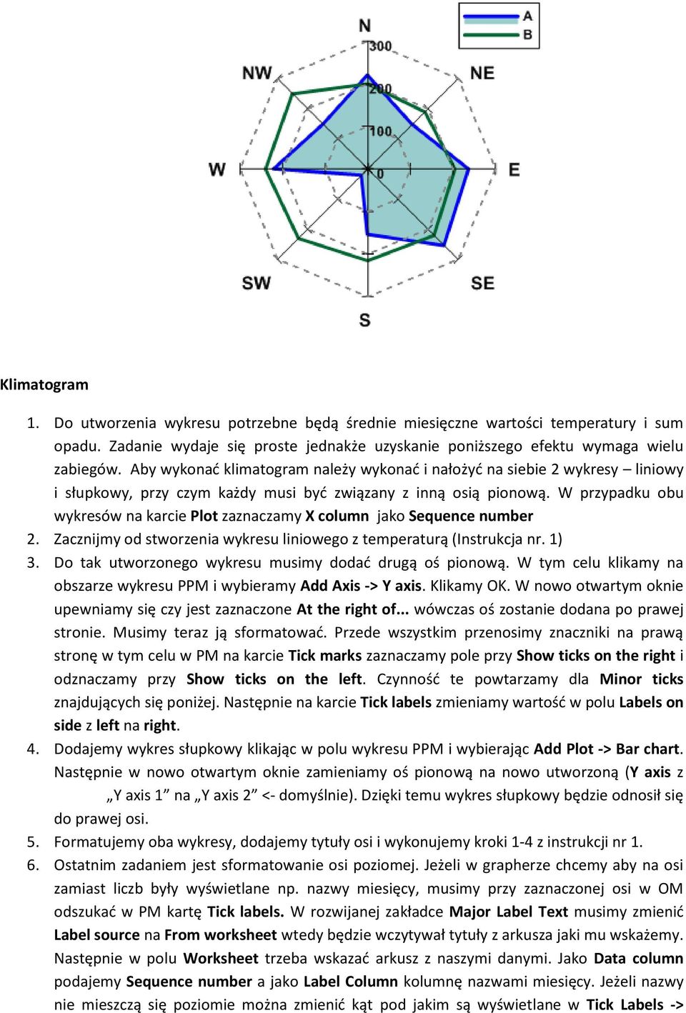 W przypadku obu wykresów na karcie Plot zaznaczamy X column jako Sequence number 2. Zacznijmy od stworzenia wykresu liniowego z temperaturą (Instrukcja nr. 1) 3.