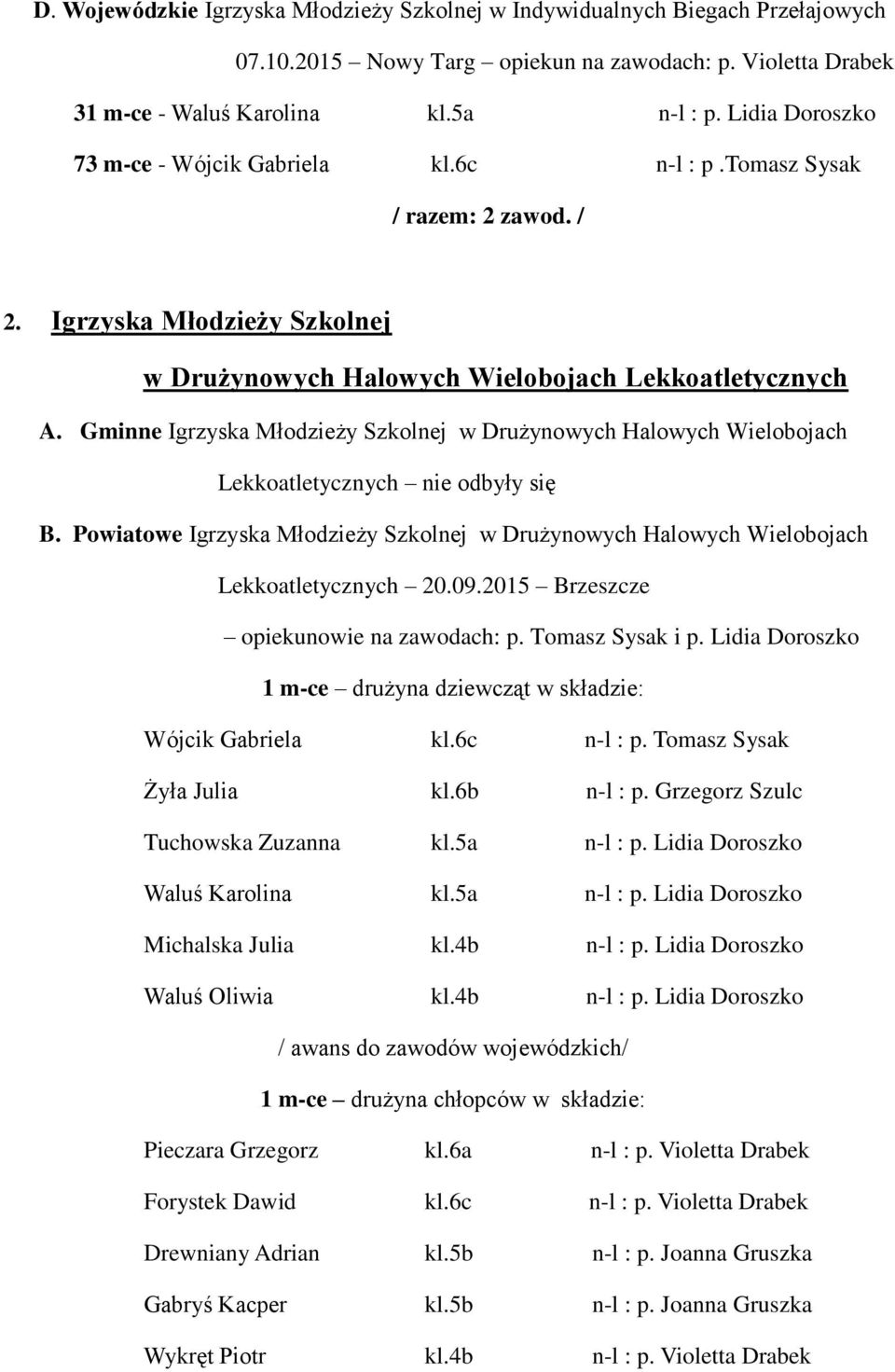 Gminne Igrzyska Młodzieży Szkolnej w Drużynowych Halowych Wielobojach Lekkoatletycznych nie odbyły się B. Powiatowe Igrzyska Młodzieży Szkolnej w Drużynowych Halowych Wielobojach Lekkoatletycznych 20.