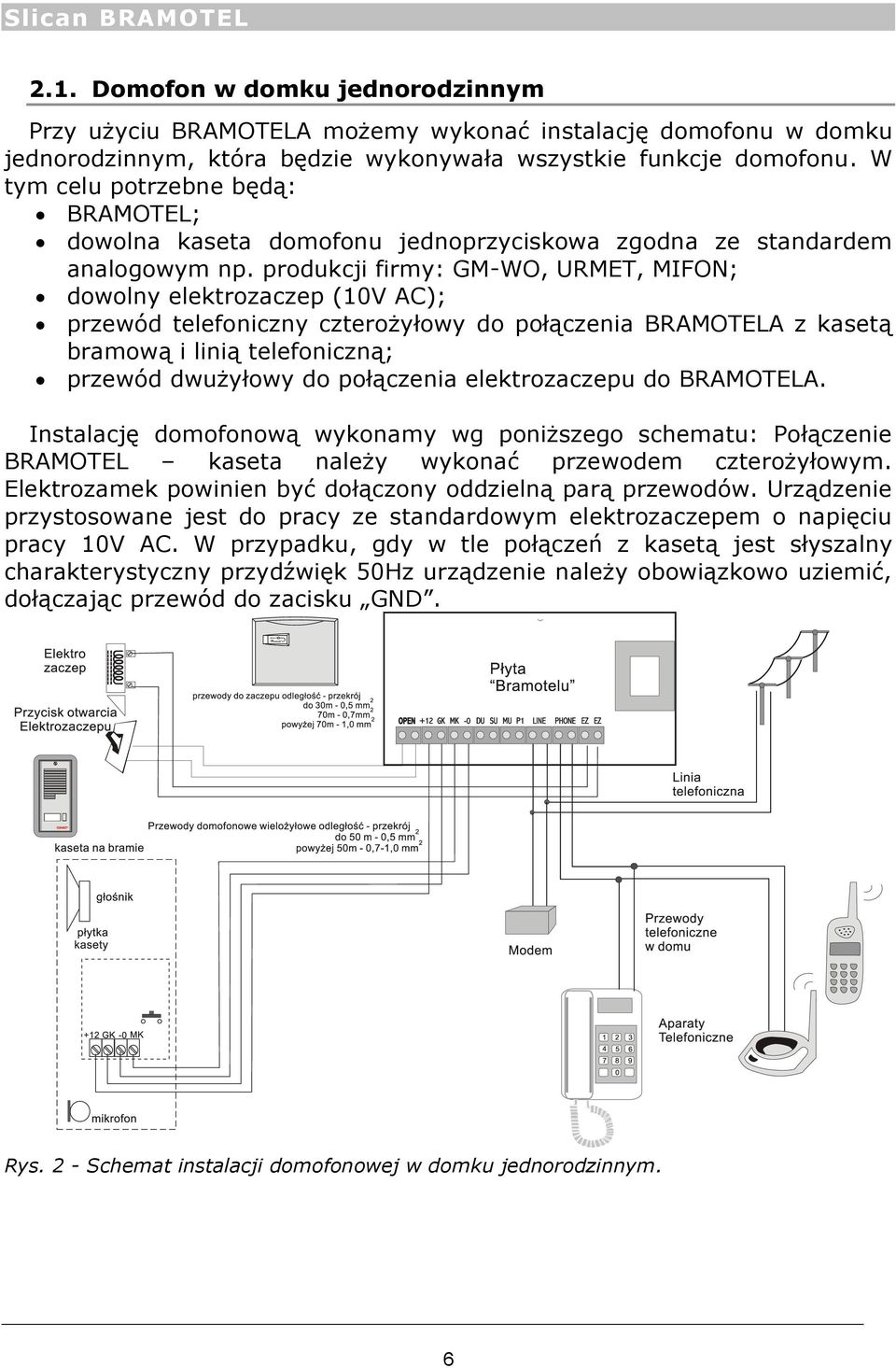 produkcji firmy: GM-WO, URMET, MIFON; dowolny elektrozaczep (10V AC); przewód telefoniczny czterożyłowy do połączenia BRAMOTELA z kasetą bramową i linią telefoniczną; przewód dwużyłowy do połączenia