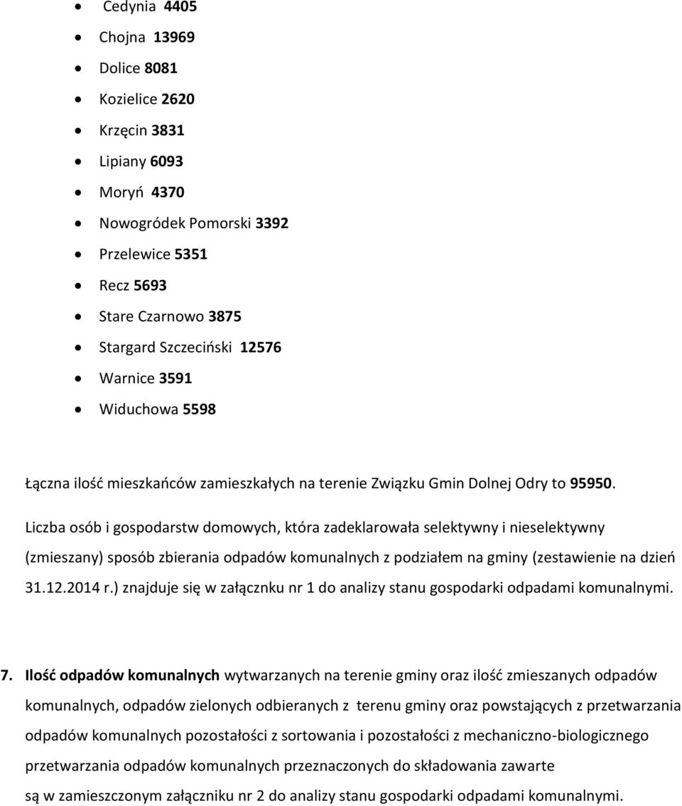 Liczba osób i gospodarstw domowych, która zadeklarowała selektywny i nieselektywny (zmieszany) sposób zbierania odpadów komunalnych z podziałem na gminy (zestawienie na dzień 31.12.2014 r.