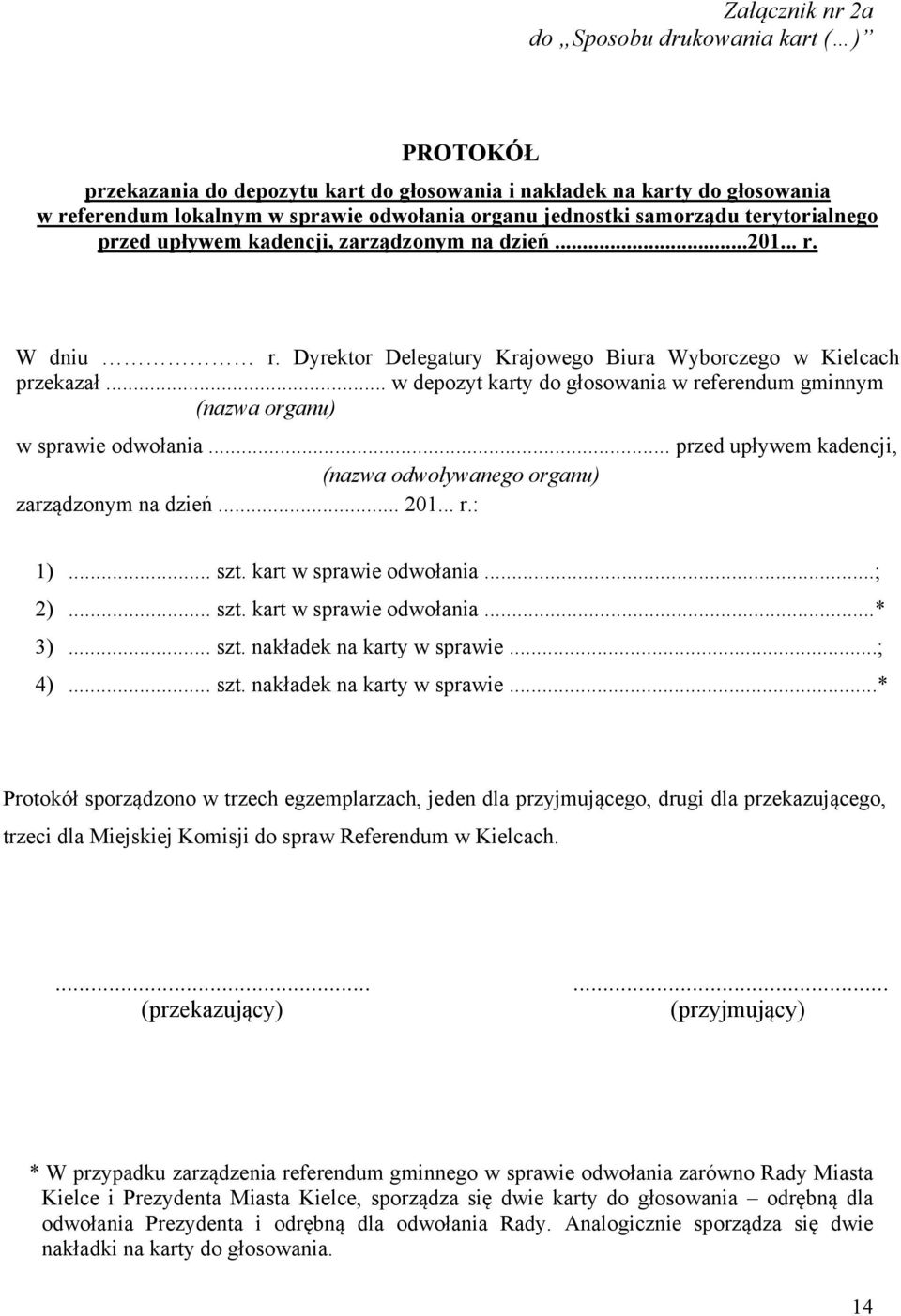 .. w depozyt karty do głosowania w referendum gminnym (nazwa organu) w sprawie odwołania... przed upływem kadencji, (nazwa odwoływanego organu) zarządzonym na dzień... 201... r.: 1)... szt.