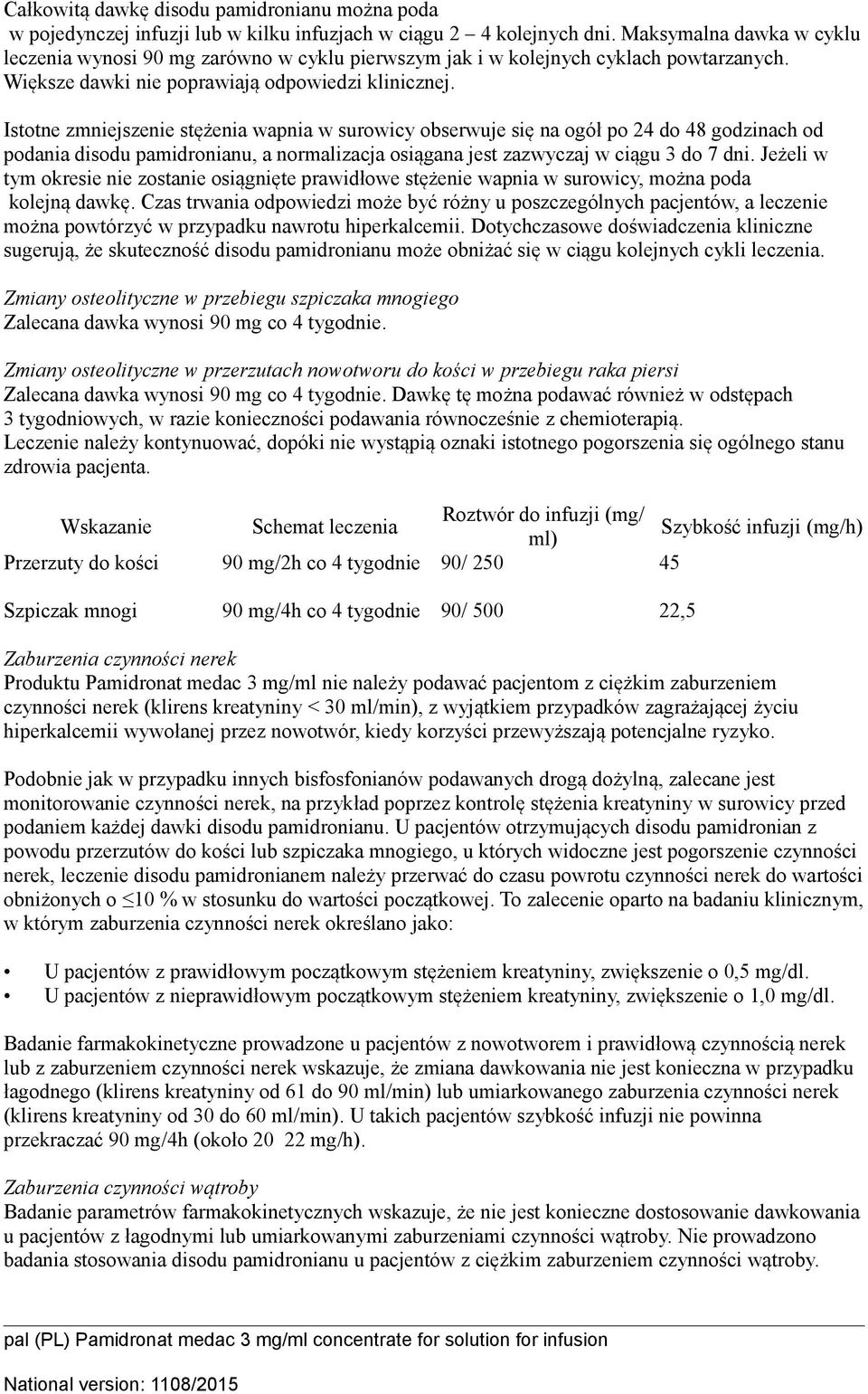 Istotne zmniejszenie stężenia wapnia w surowicy obserwuje się na ogół po 24 do 48 godzinach od podania disodu pamidronianu, a normalizacja osiągana jest zazwyczaj w ciągu 3 do 7 dni.