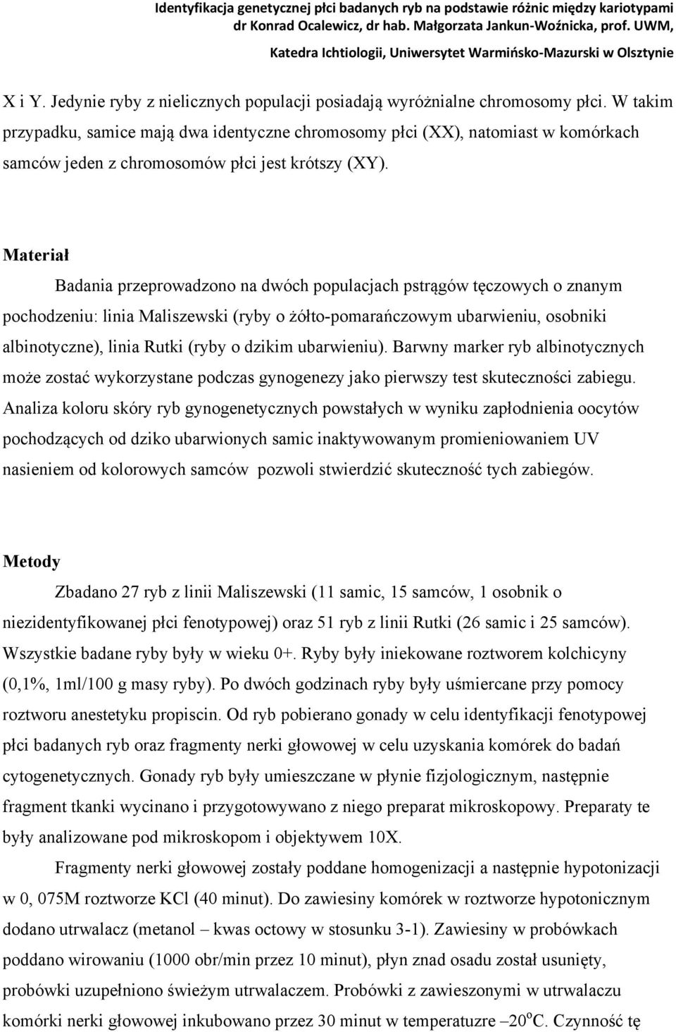 Materiał Badania przeprowadzono na dwóch populacjach pstrągów tęczowych o znanym pochodzeniu: linia Maliszewski (ryby o żółto-pomarańczowym ubarwieniu, osobniki albinotyczne), linia Rutki (ryby o
