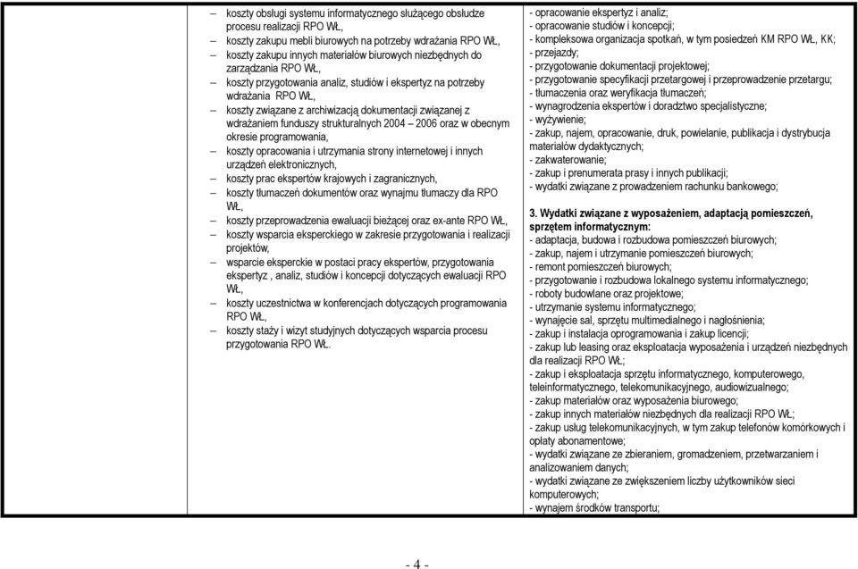 2006 oraz w obecnym okresie programowania, koszty opracowania i utrzymania strony internetowej i innych urządzeń elektronicznych, koszty prac ekspertów krajowych i zagranicznych, koszty tłumaczeń