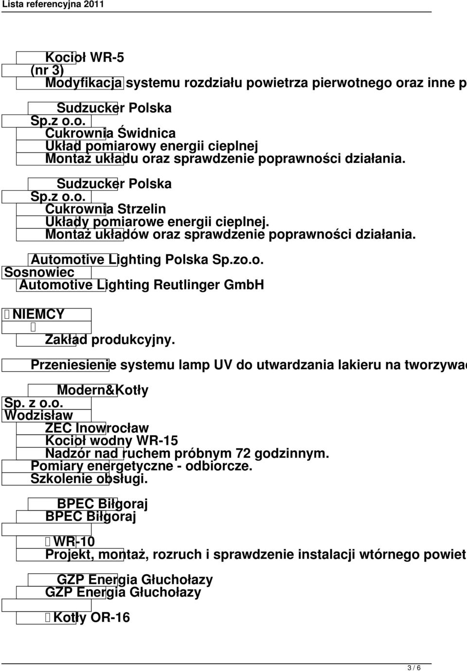 Przeniesienie systemu lamp UV do utwardzania lakieru na tworzywac ZEC Inowrocław Kocioł wodny WR-15 Nadzór nad ruchem próbnym 72 godzinnym. Szkolenie obsługi.