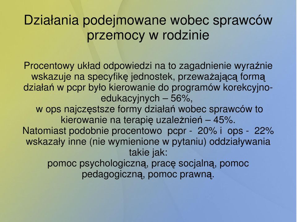 najczęstsze formy działań wobec sprawców to kierowanie na terapię uzaleŝnień 45%.