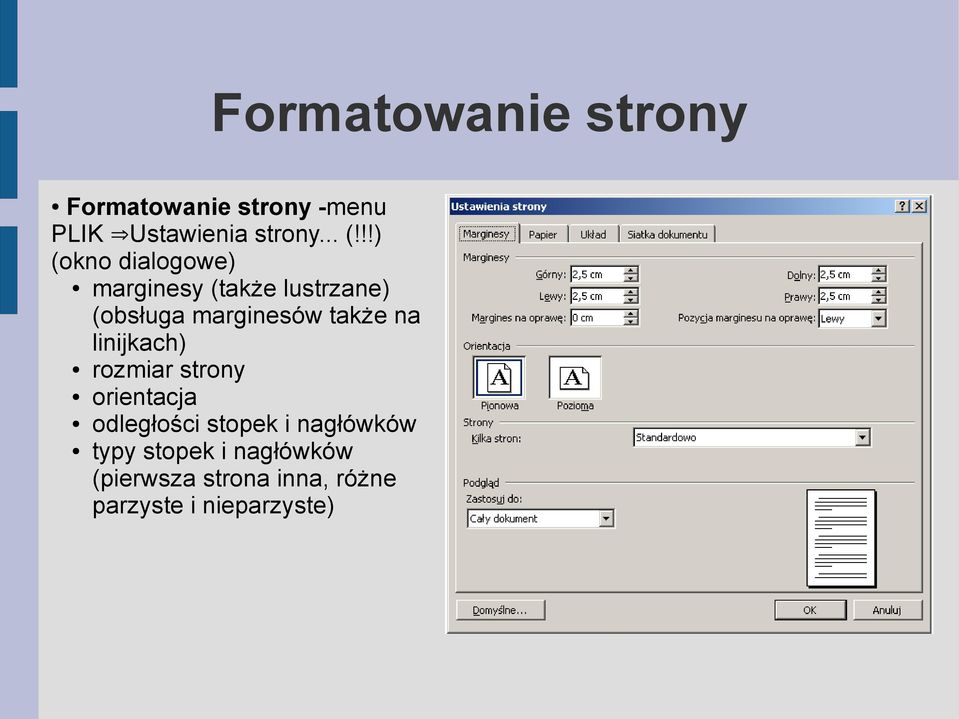 także na linijkach) rozmiar strony orientacja odległości stopek i