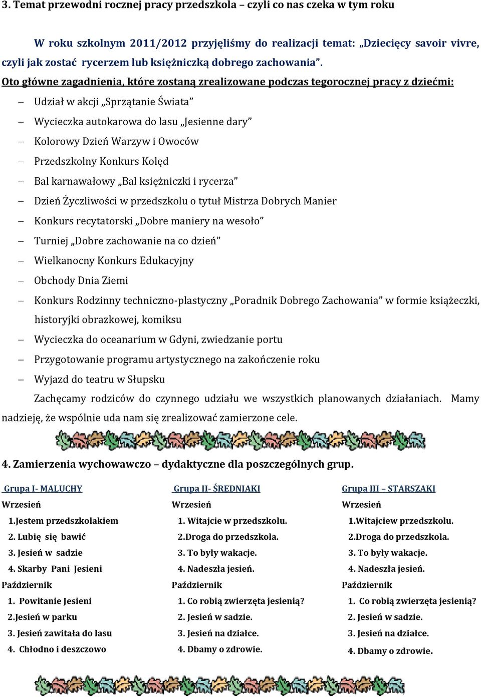 Oto główne zagadnienia, które zostaną zrealizowane podczas tegorocznej pracy z dziećmi: Udział w akcji Sprzątanie Świata Wycieczka autokarowa do lasu Jesienne dary Kolorowy Dzień Warzyw i Owoców