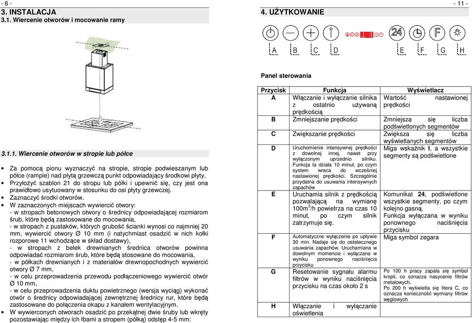 W zaznaczonych miejscach wywiercić otwory: - w stropach betonowych otwory o średnicy odpowiadającej rozmiarom śrub, które będą zastosowane do mocowania, - w stropach z pustaków, których grubość