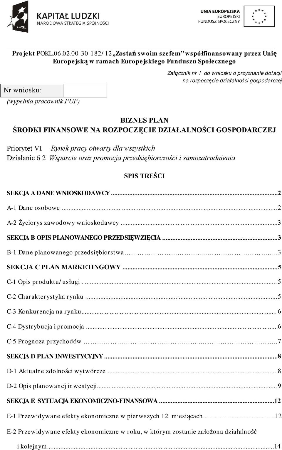 dotacji na rozpoczęcie działalności gospodarczej BIZNES PLAN ŚRODKI FINANSOWE NA ROZPOCZĘCIE DZIAŁALNOŚCI GOSPODARCZEJ Priorytet VI Rynek pracy otwarty dla wszystkich Działanie 6.