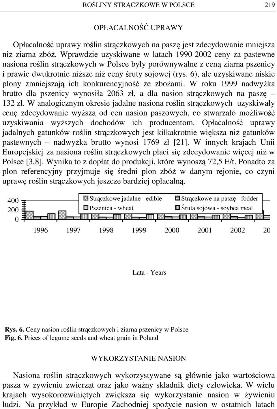 6), ale uzyskiwane niskie plony zmniejszają ich konkurencyjność ze zboŝami. W roku 1999 nadwyŝka brutto dla pszenicy wynosiła 263 zł, a dla nasion strączkowych na paszę 132 zł.