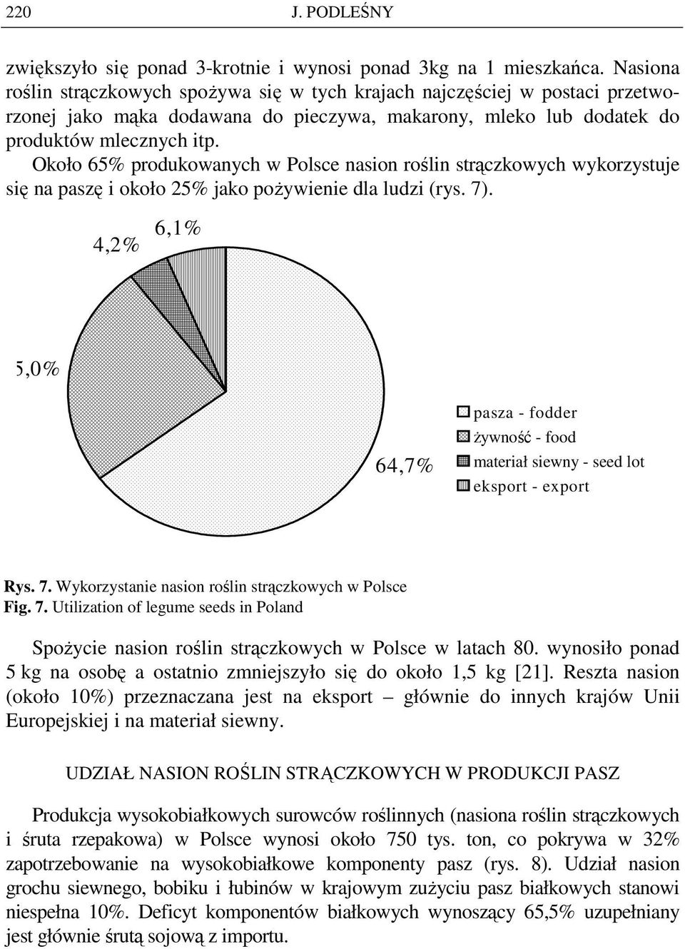 Około 65% produkowanych w Polsce nasion roślin strączkowych wykorzystuje się na paszę i około 25% jako poŝywienie dla ludzi (rys. 7).