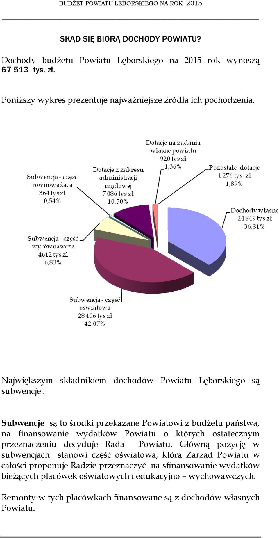 Subwencje są to środki przekazane Powiatowi z budżetu państwa, na finansowanie wydatków Powiatu o których ostatecznym przeznaczeniu decyduje Rada Powiatu.