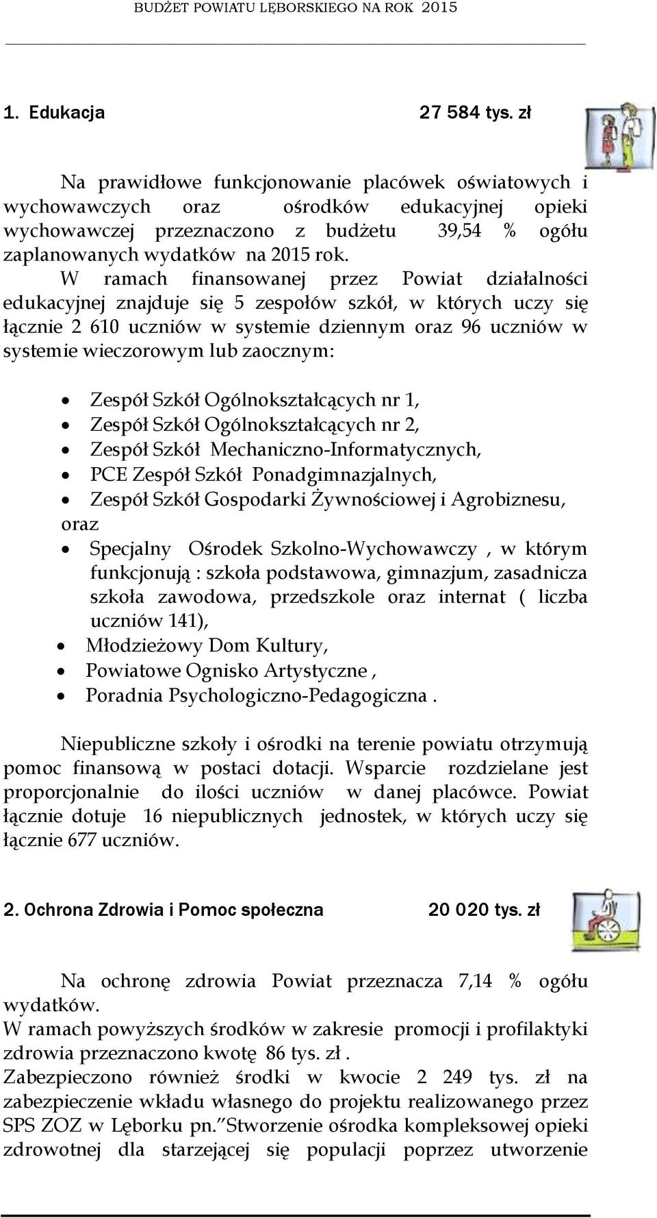 W ramach finansowanej przez Powiat działalności edukacyjnej znajduje się 5 zespołów szkół, w których uczy się łącznie 2 610 uczniów w systemie dziennym oraz 96 uczniów w systemie wieczorowym lub