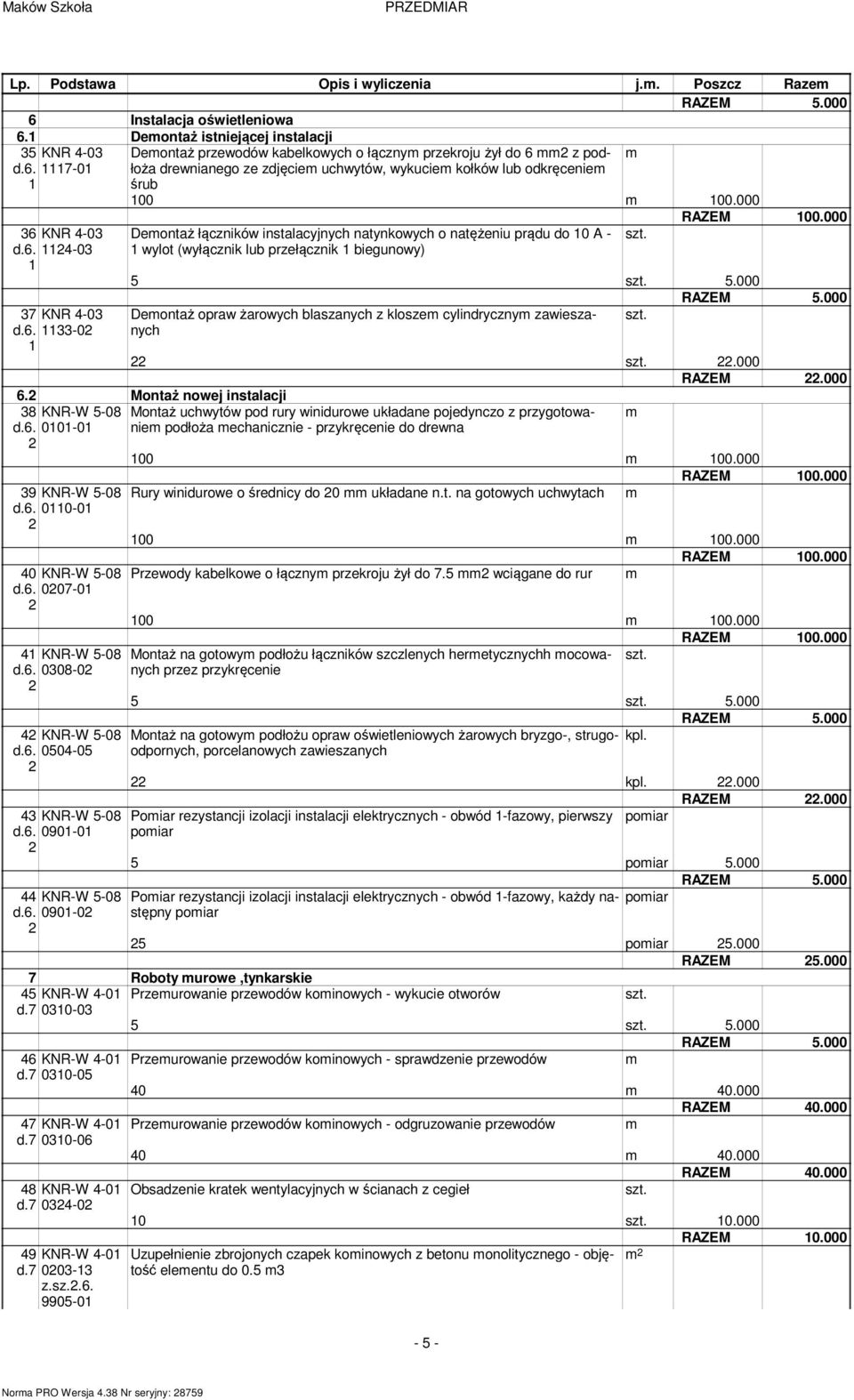 000 Deontaż łączników instalacyjnych natynkowych o natężeniu prądu do 10 A - 1 wylot (wyłącznik lub przełącznik 1 biegunowy) 5 5.